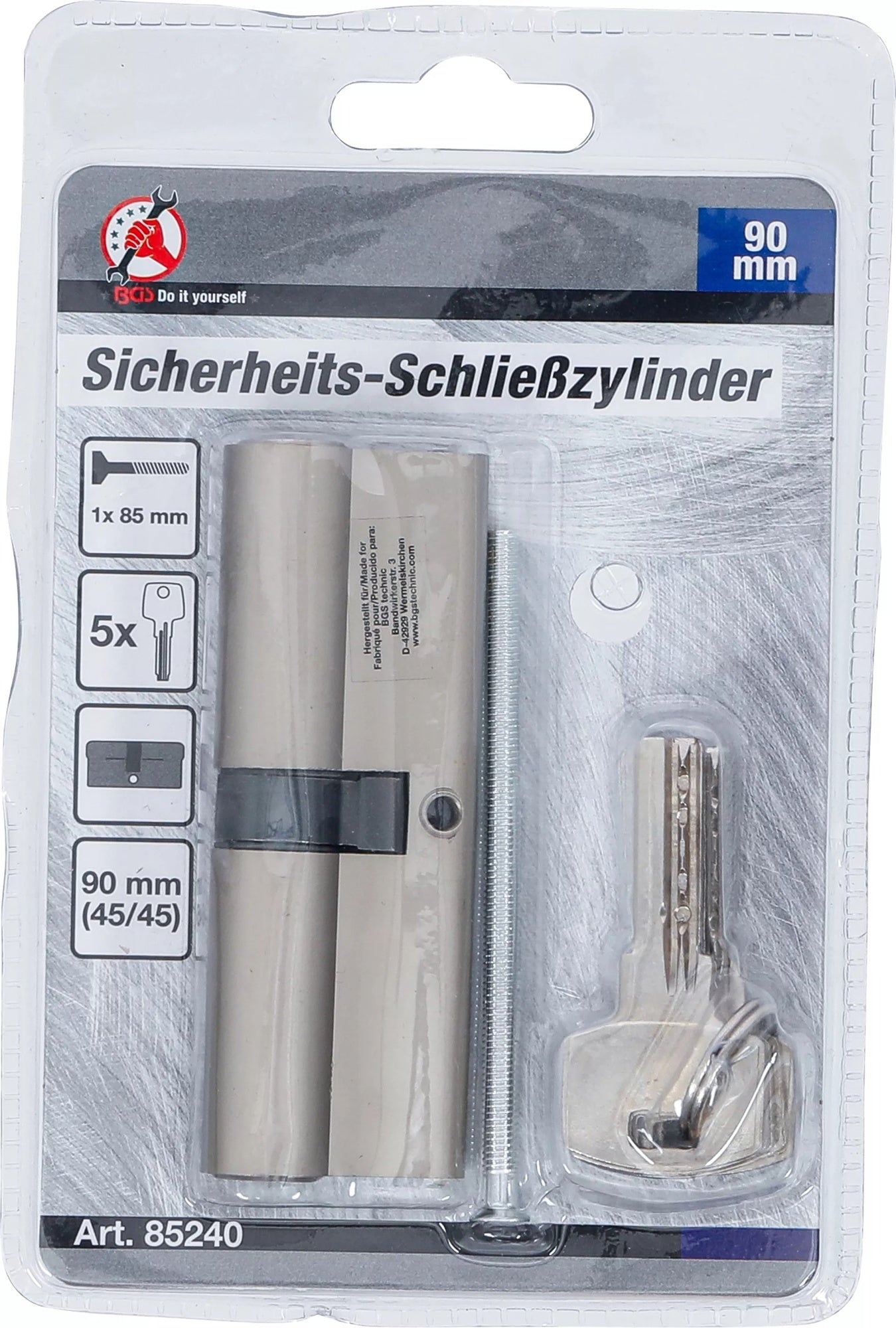 BGS DIY 85240 Sicherheits Schließzylinder Zylinderlänge 90mm Größe 45/45mm