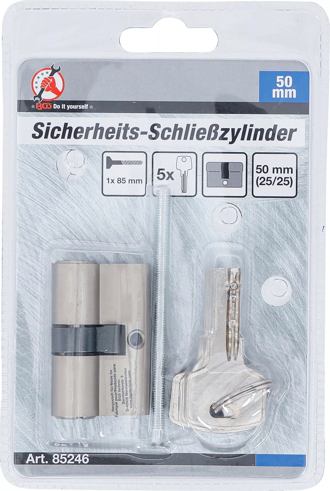 BGS DIY 85246 Sicherheits Schließzylinder Zylinderlänge 50mm Größe 25/25mm