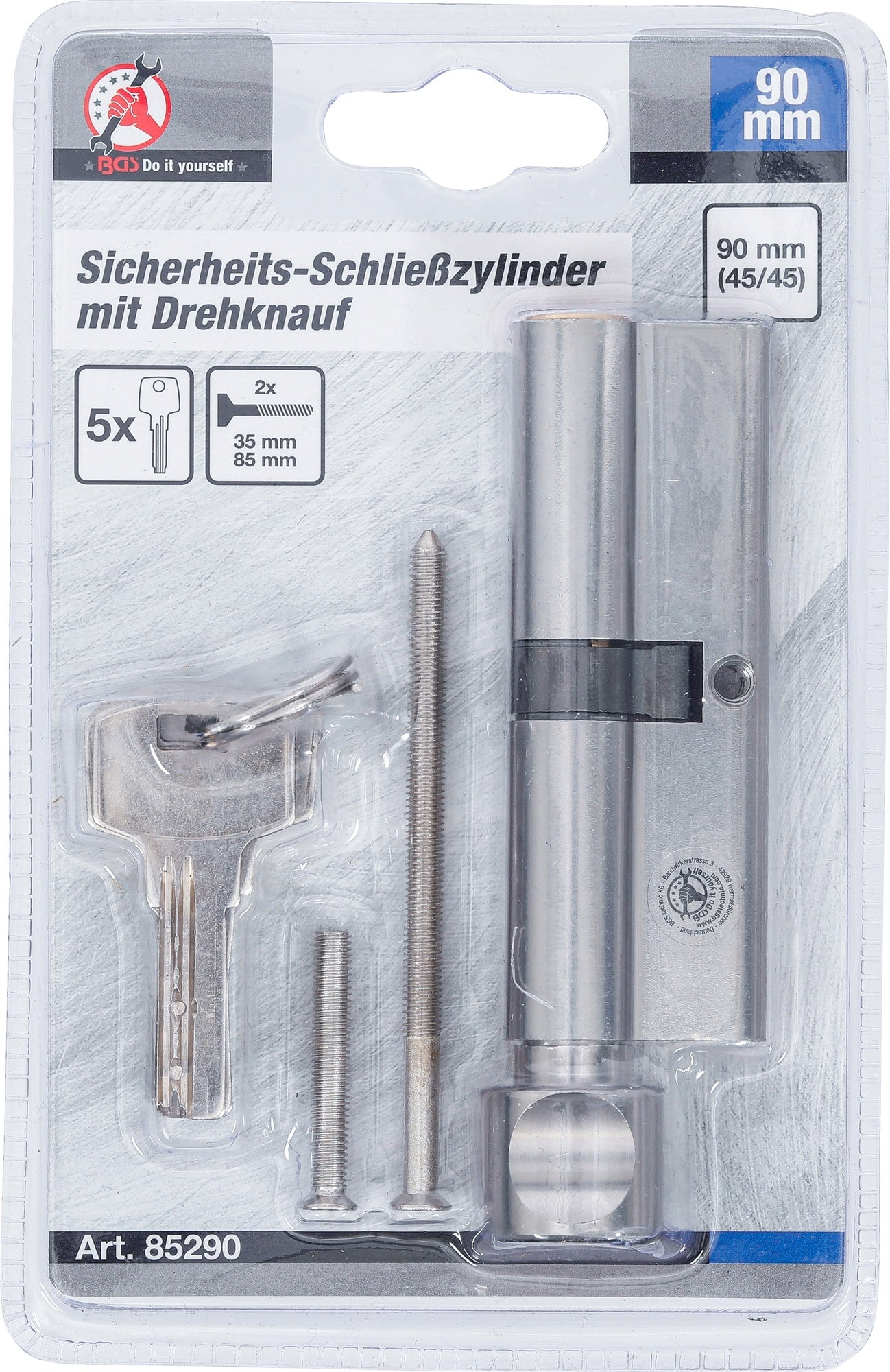 BGS DIY 85290 Sicherheits Türzylinder mit Drehknauf 45/45mm Zylinderlänge 90mm