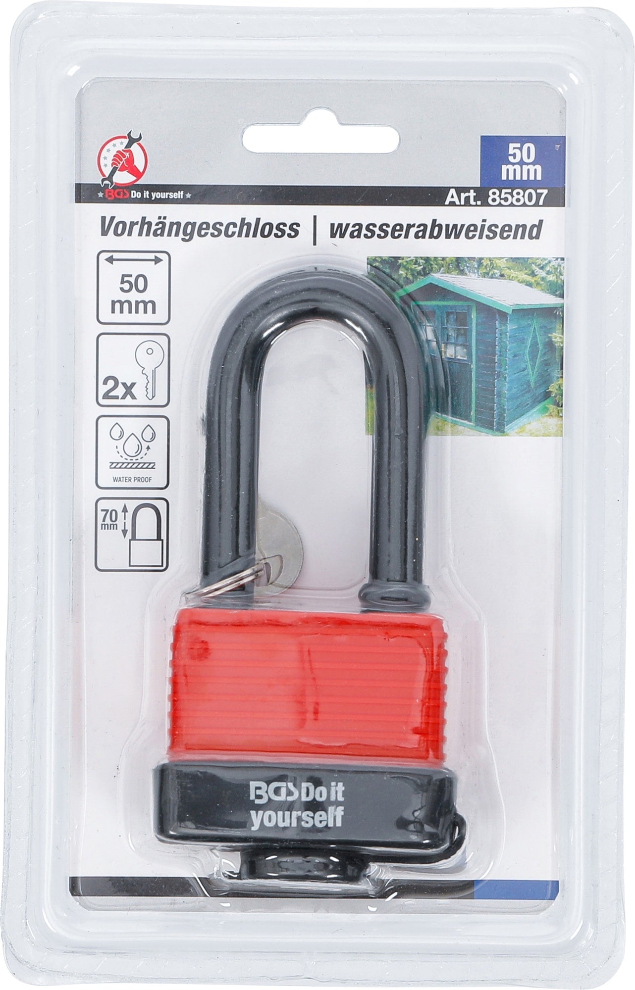 BGS DIY 85807 Vorhängeschloss hoher Bügel wasserabweisend 50mm