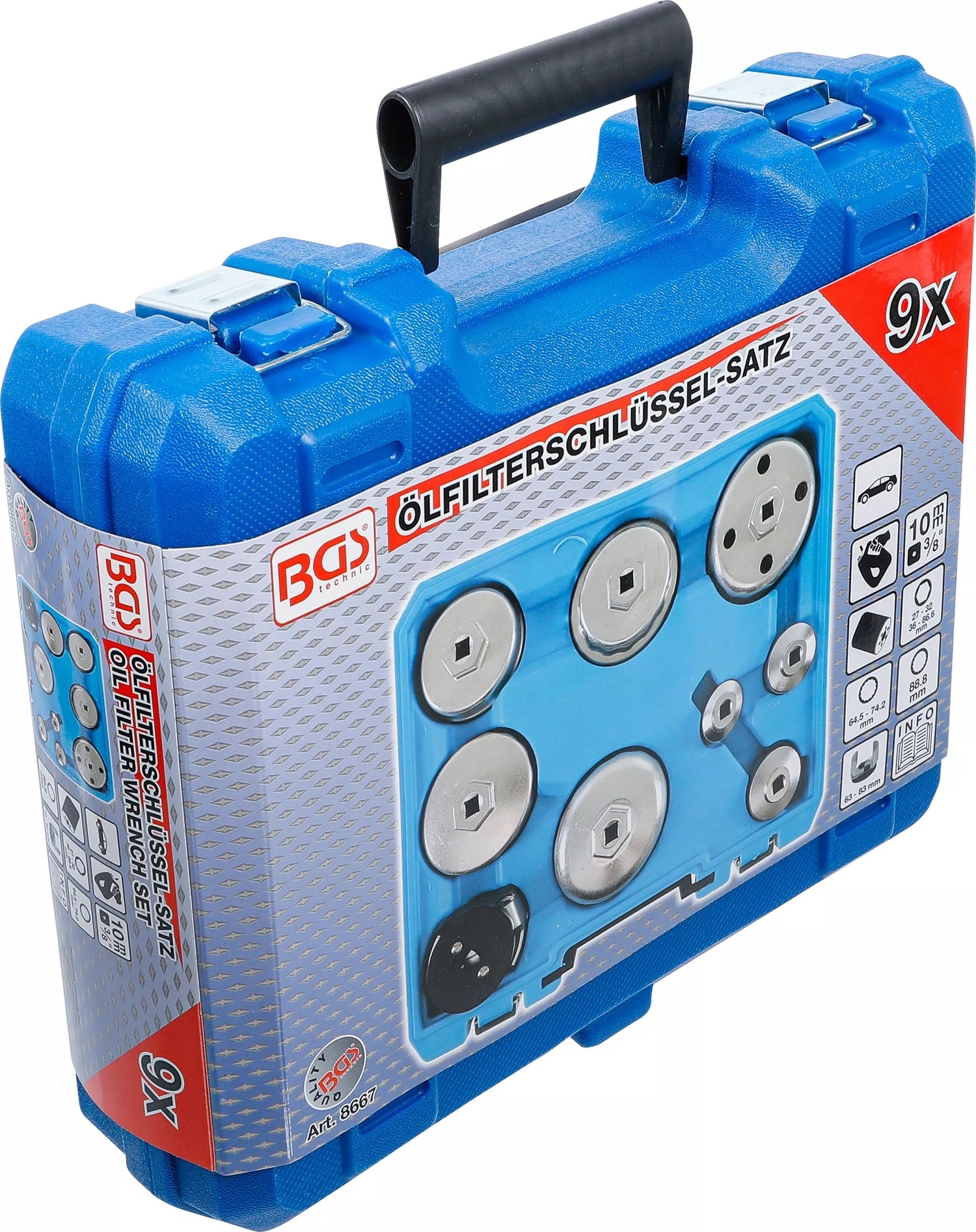 BGS 8667 Satz Ölfilterschlüssel Ölfilterkappen Ø 27-88,8mm 9 teilig im Koffer