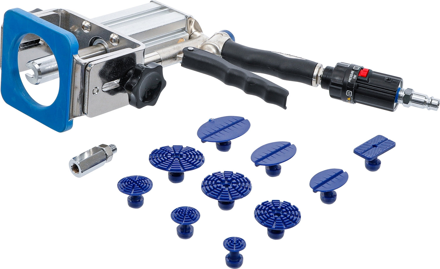 BGS 875 Druckluft Beulenauszieher / Dellenzieher inklusive 10 Ausbeulpads Verlängerungsadapter