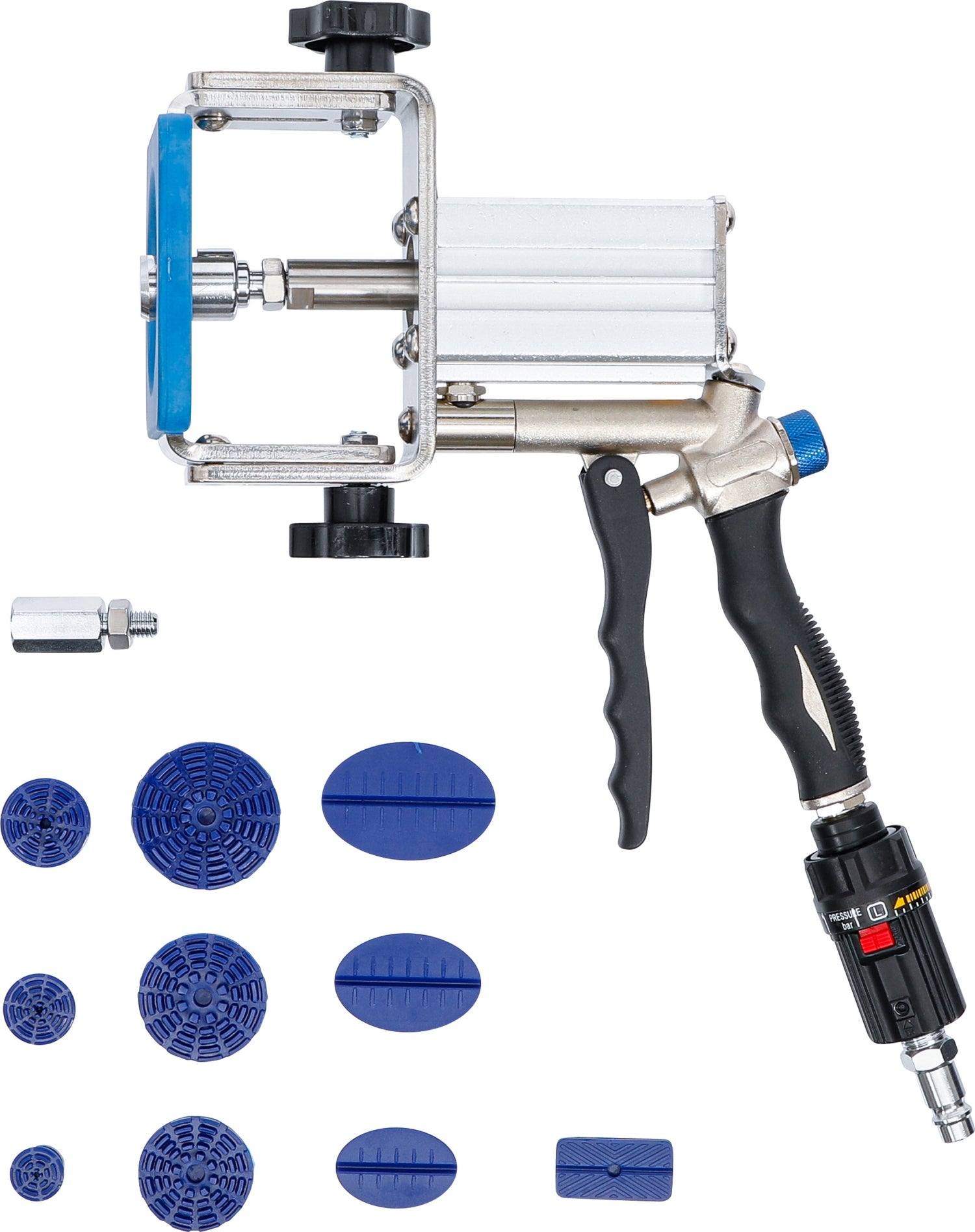 BGS 875 Druckluft Beulenauszieher / Dellenzieher inklusive 10 Ausbeulpads Verlängerungsadapter