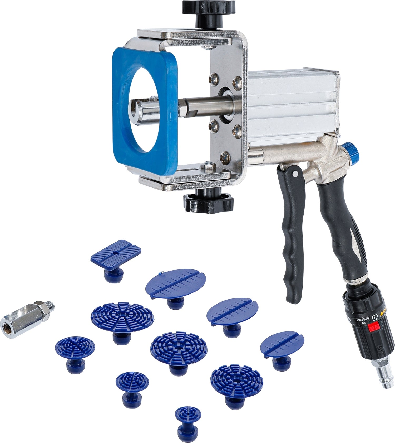 BGS 875 Druckluft Beulenauszieher / Dellenzieher inklusive 10 Ausbeulpads Verlängerungsadapter