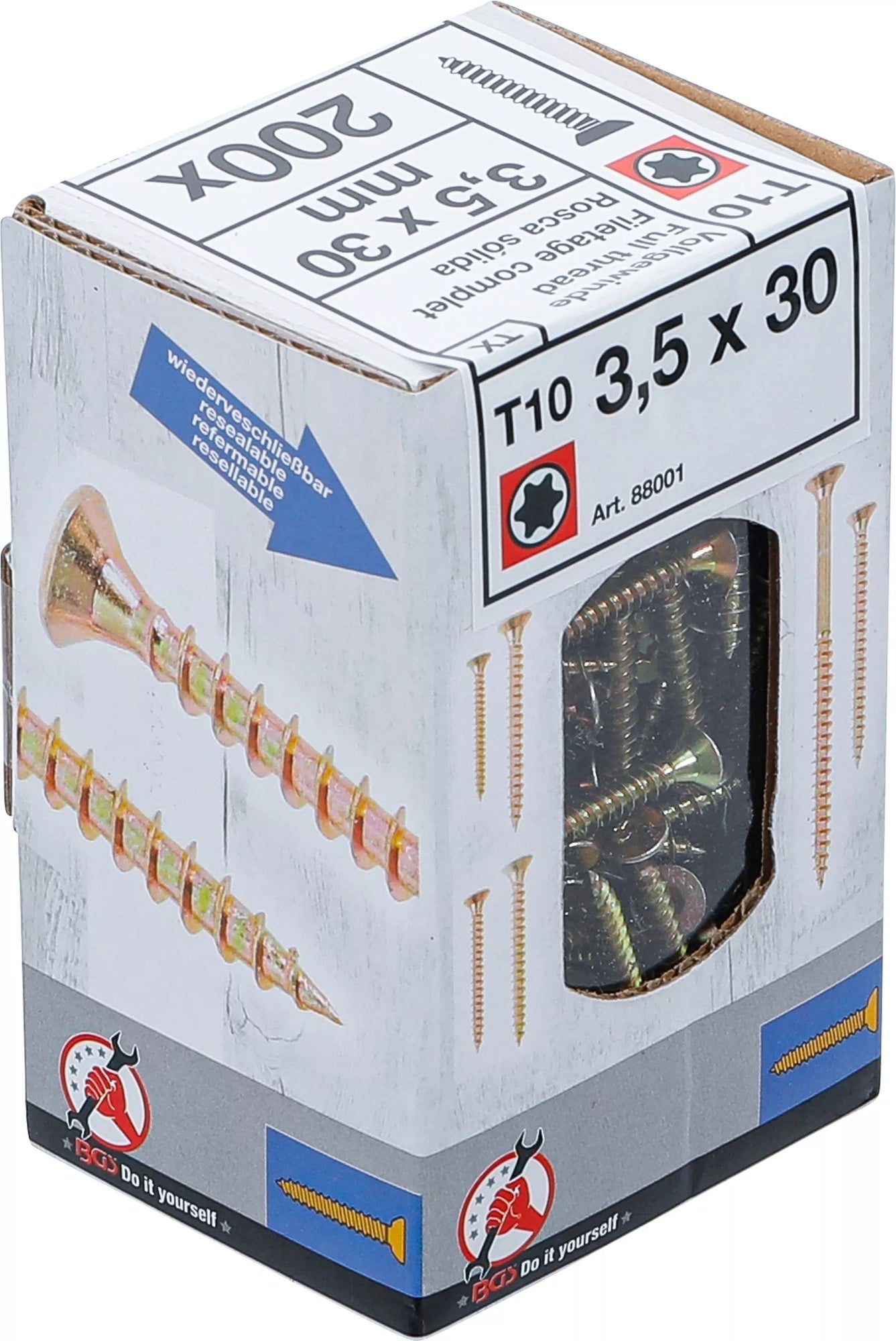 BGS DIY 88001 Satz Mehrzweckschrauben T-Profil (für Torx) T10 3,5x30mm 200 Stück