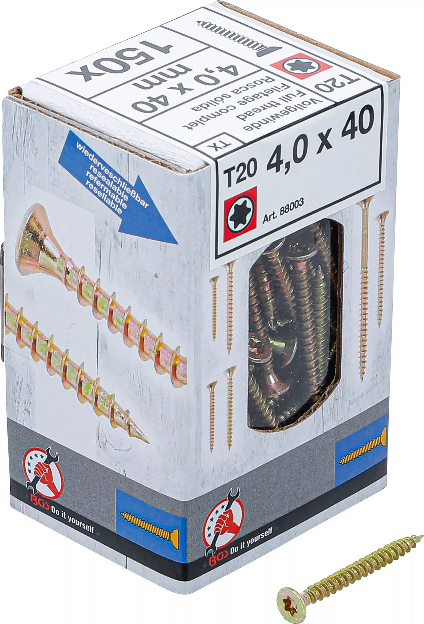 BGS DIY 88003 Satz Mehrzweckschrauben T-Profil (für Torx) T20 4,0x40mm 150 Stück