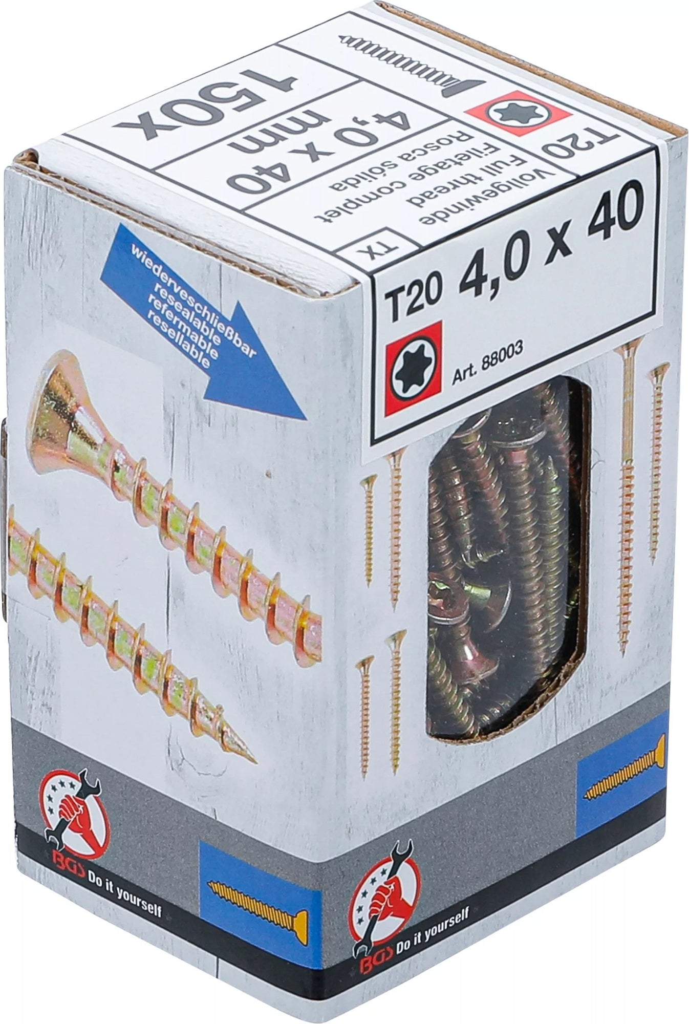 BGS DIY 88003 Satz Mehrzweckschrauben T-Profil (für Torx) T20 4,0x40mm 150 Stück