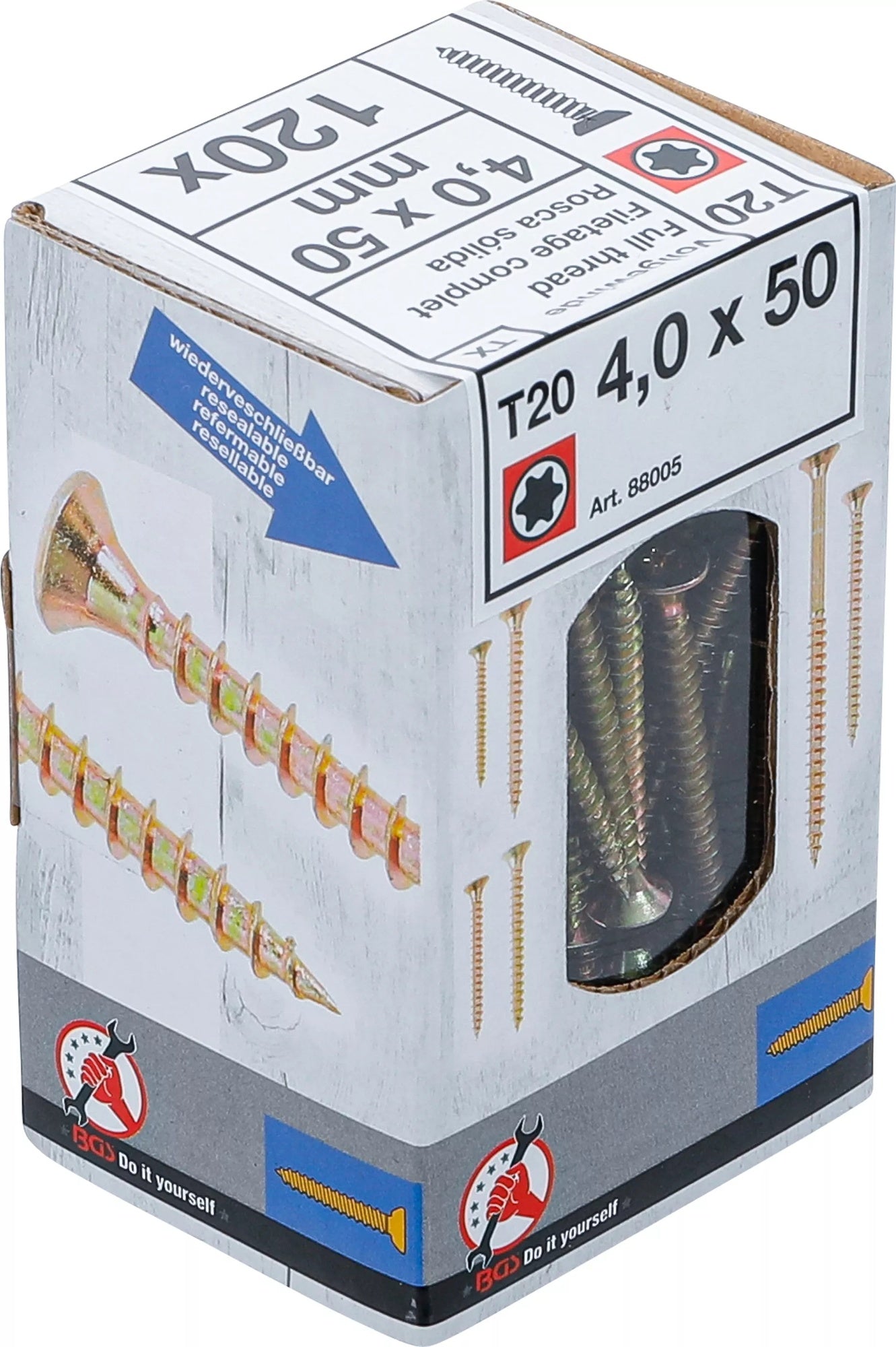 BGS DIY 88005 Satz Mehrzweckschrauben T-Profil (für Torx) T20 4,0x50mm 120 Stück