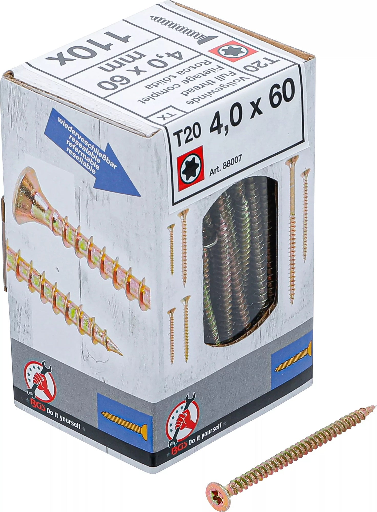 BGS DIY 88007 Satz Mehrzweckschrauben T-Profil (für Torx) T20 4,0x60mm 110 Stück