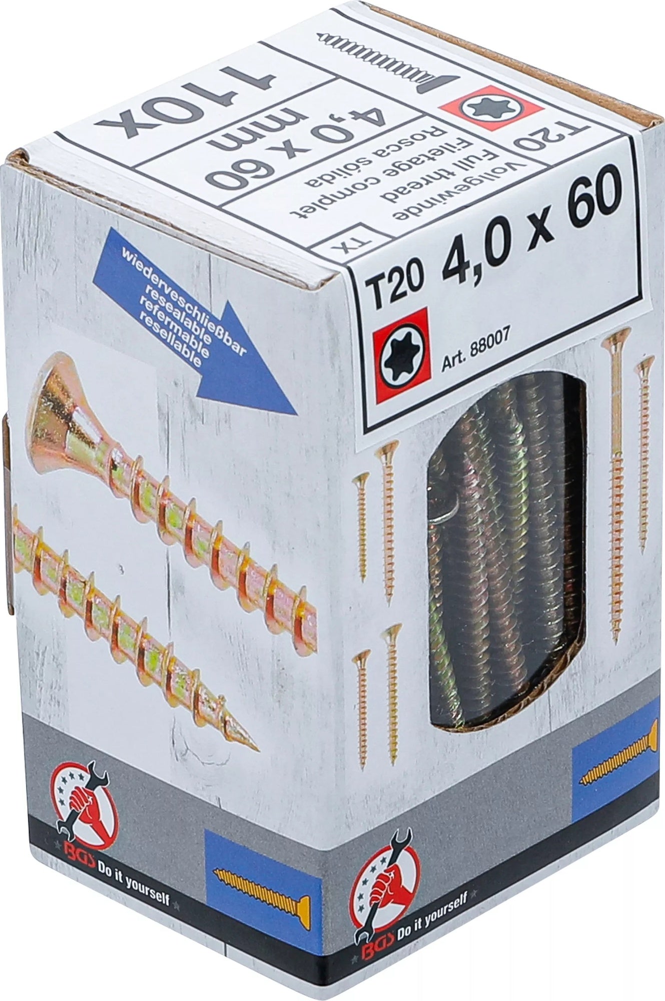 BGS DIY 88007 Satz Mehrzweckschrauben T-Profil (für Torx) T20 4,0x60mm 110 Stück