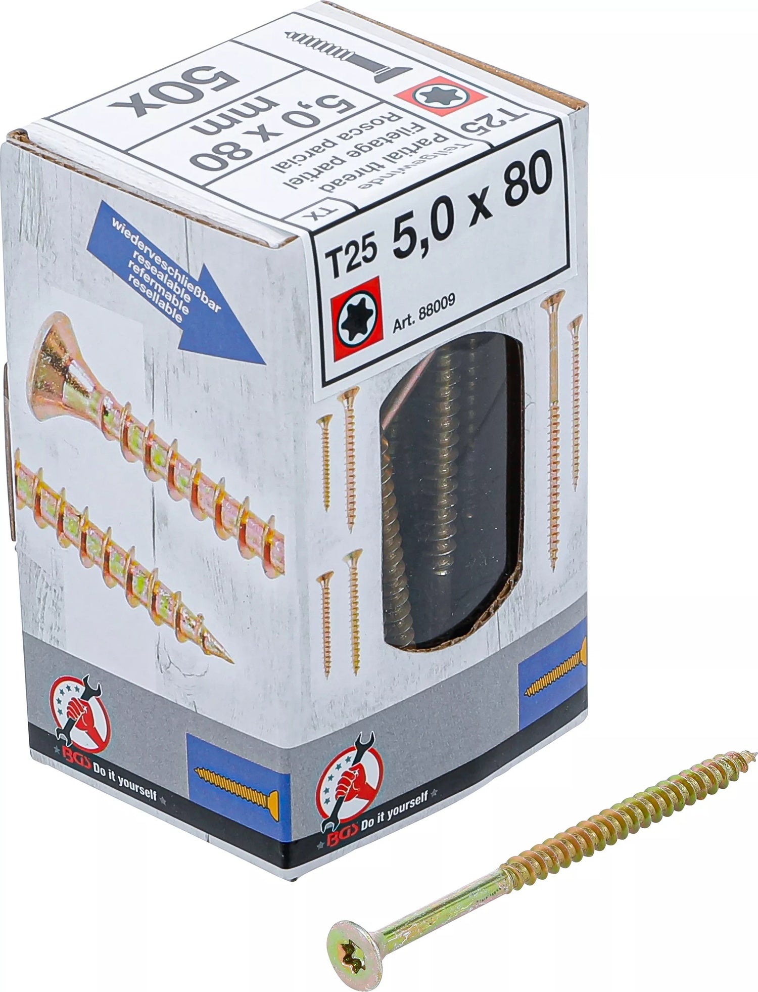 BGS DIY 88009 Satz Mehrzweckschrauben T-Profil (für Torx) T25 5,0x80mm 50 Stück