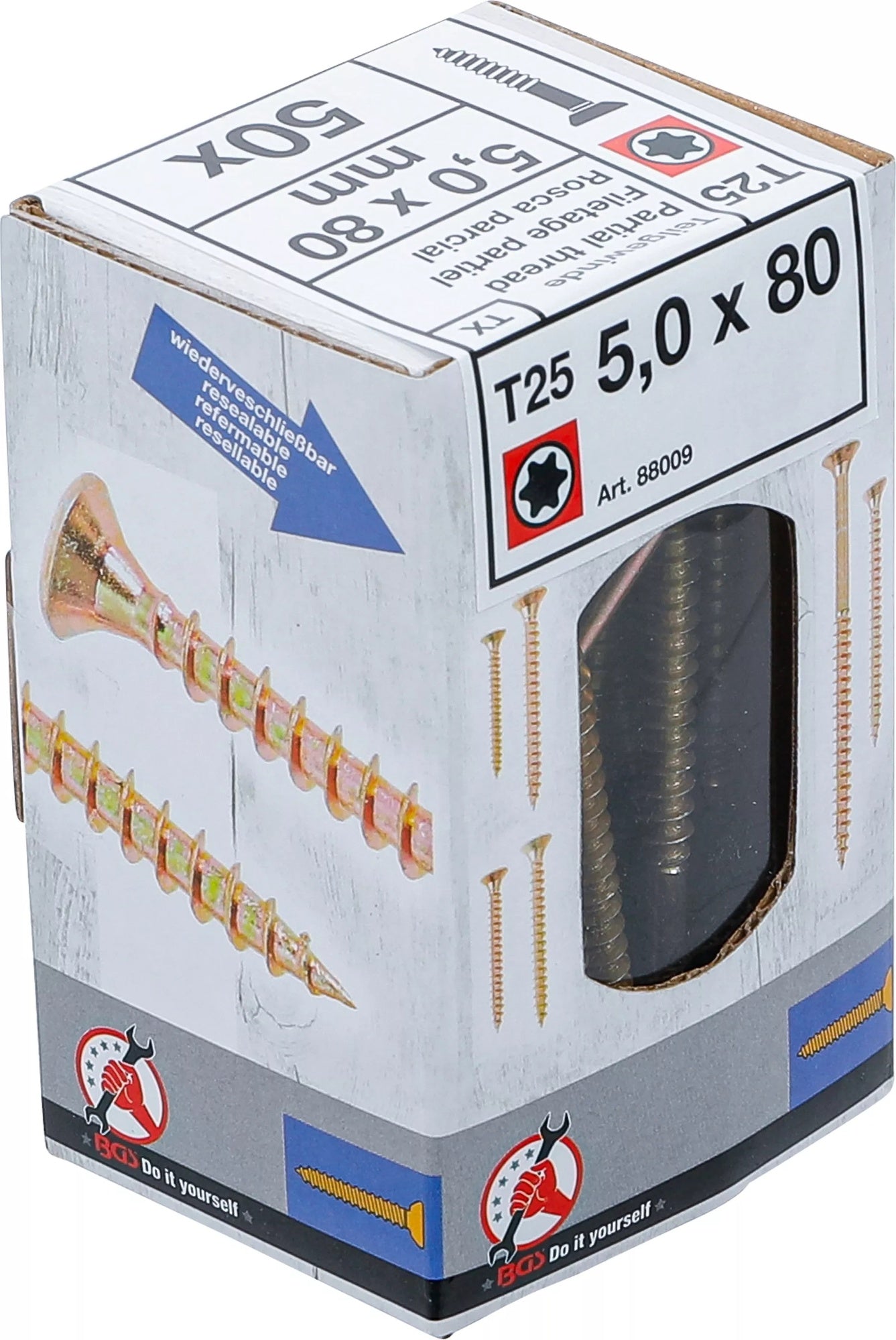 BGS DIY 88009 Satz Mehrzweckschrauben T-Profil (für Torx) T25 5,0x80mm 50 Stück