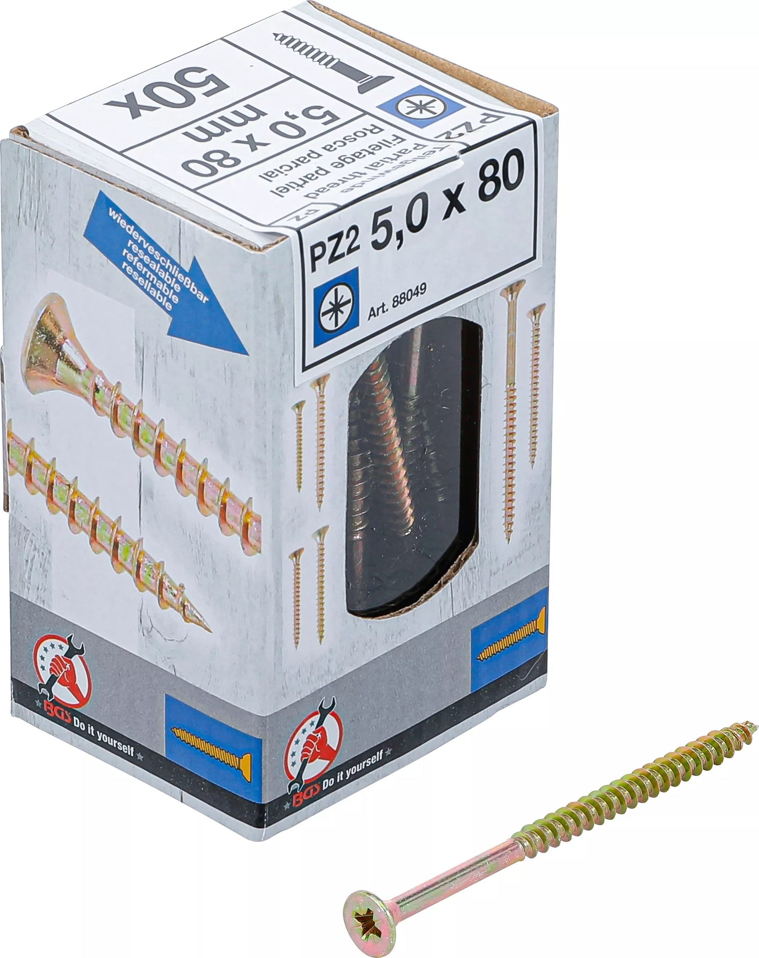 BGS DIY 88049 Satz Mehrzweckschrauben Kreuzschlitz PZ2 5,0x80mm 50 Stück
