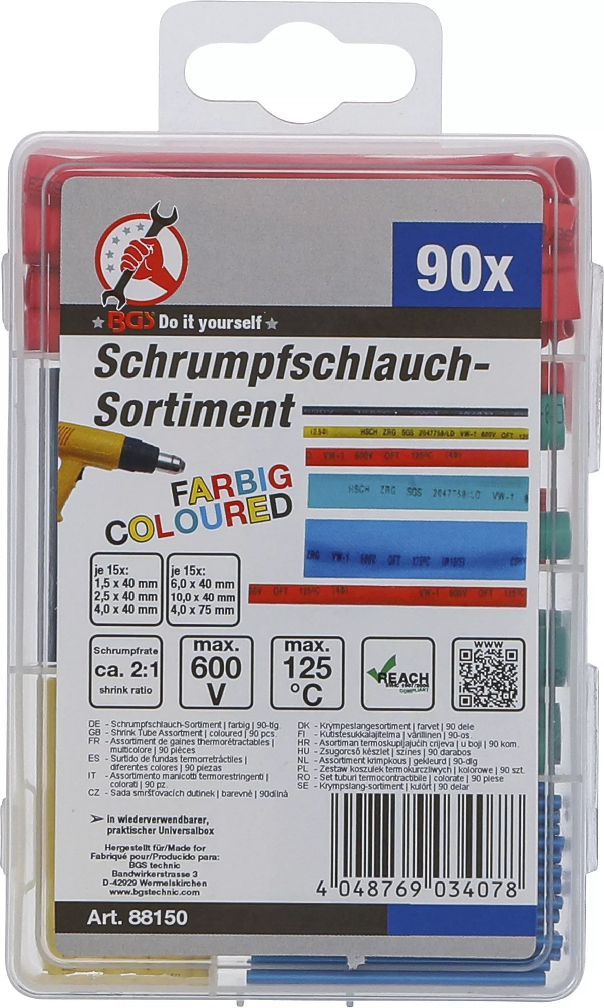 BGS DIY 88150 Sortiment Schrumpfschlauch farbig 90 teilig