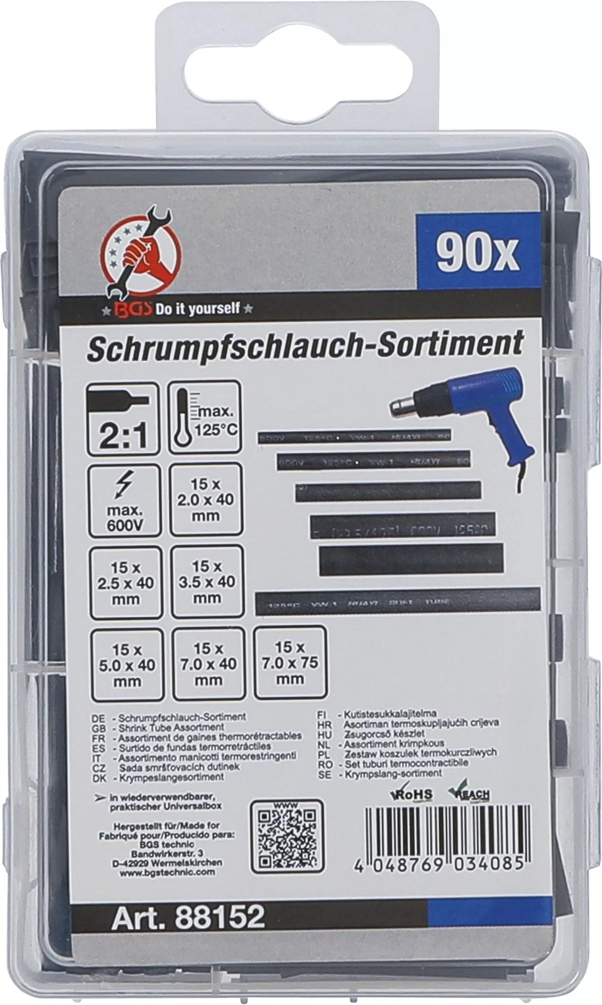 BGS DIY 88152 Sortiment Schrumpfschlauch schwarz 90 teilig