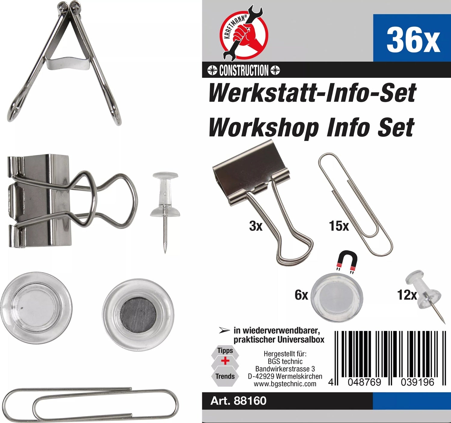 BGS DIY 88160 Satz Magnete Büroklammern Nadeln Werkstatt Info 36 teilig