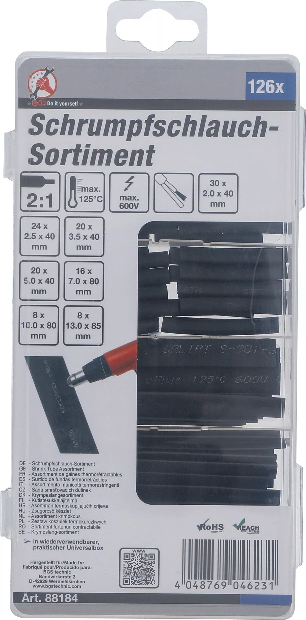 BGS DIY 88184 Sortiment Schrumpfschlauch schwarz 126 teilig