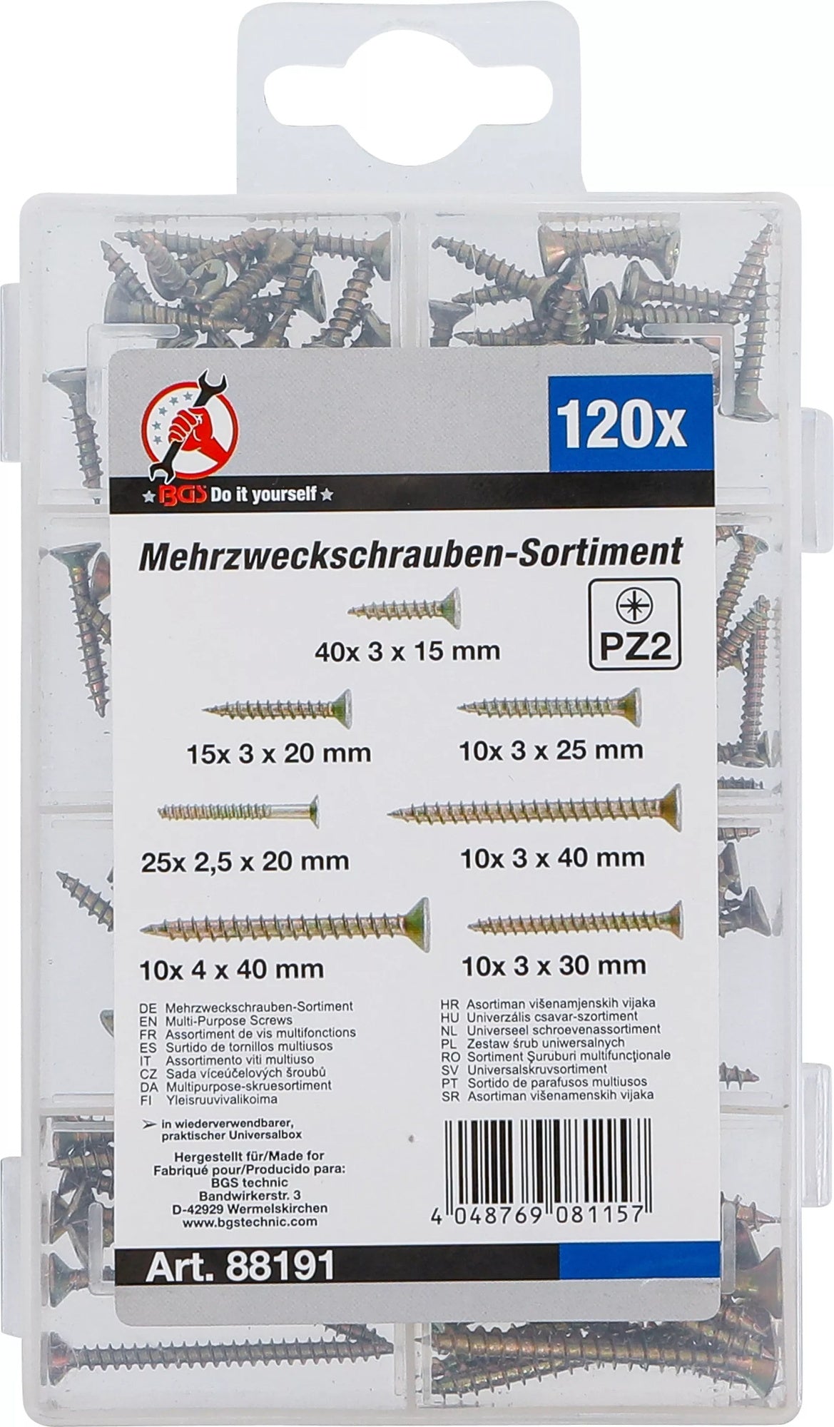 BGS DIY 88191 Sortiment Mehrzweckschrauben Kreuzschlitz PZ2 120 Stück