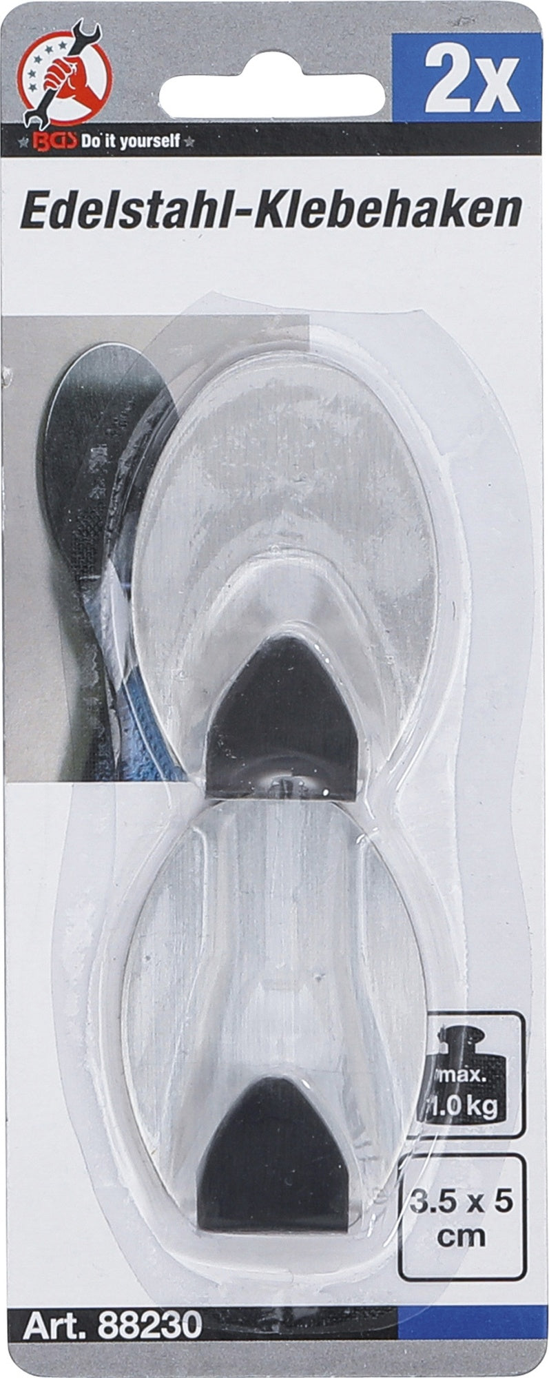 BGS DIY 88230 Edelstahl Klebehaken 35 x 50mm Tragfähigkeit 1,0kg 2 teilig