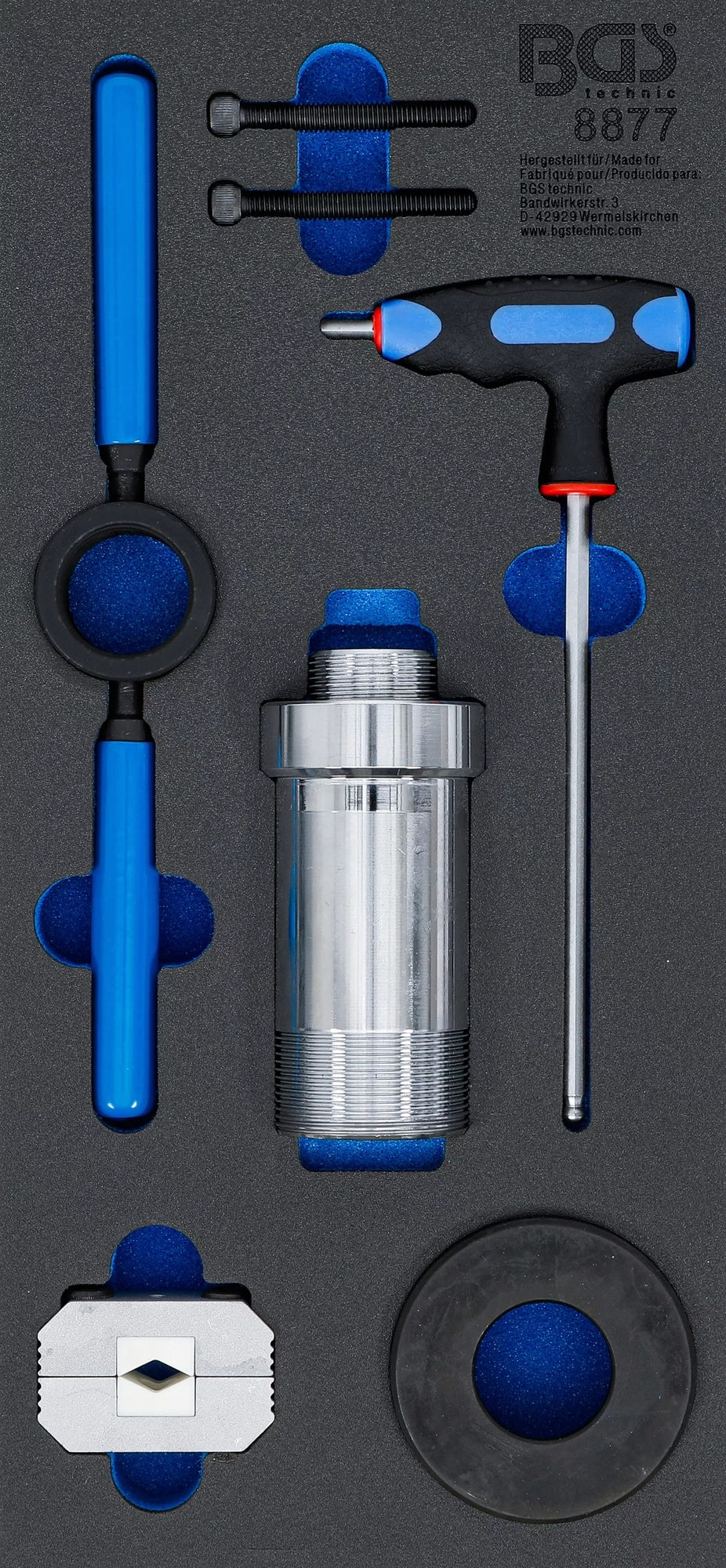 BGS 8877 Satz Werkzeug für Stoßdämpfer mit Zuganschlagsfeder 8 teilig