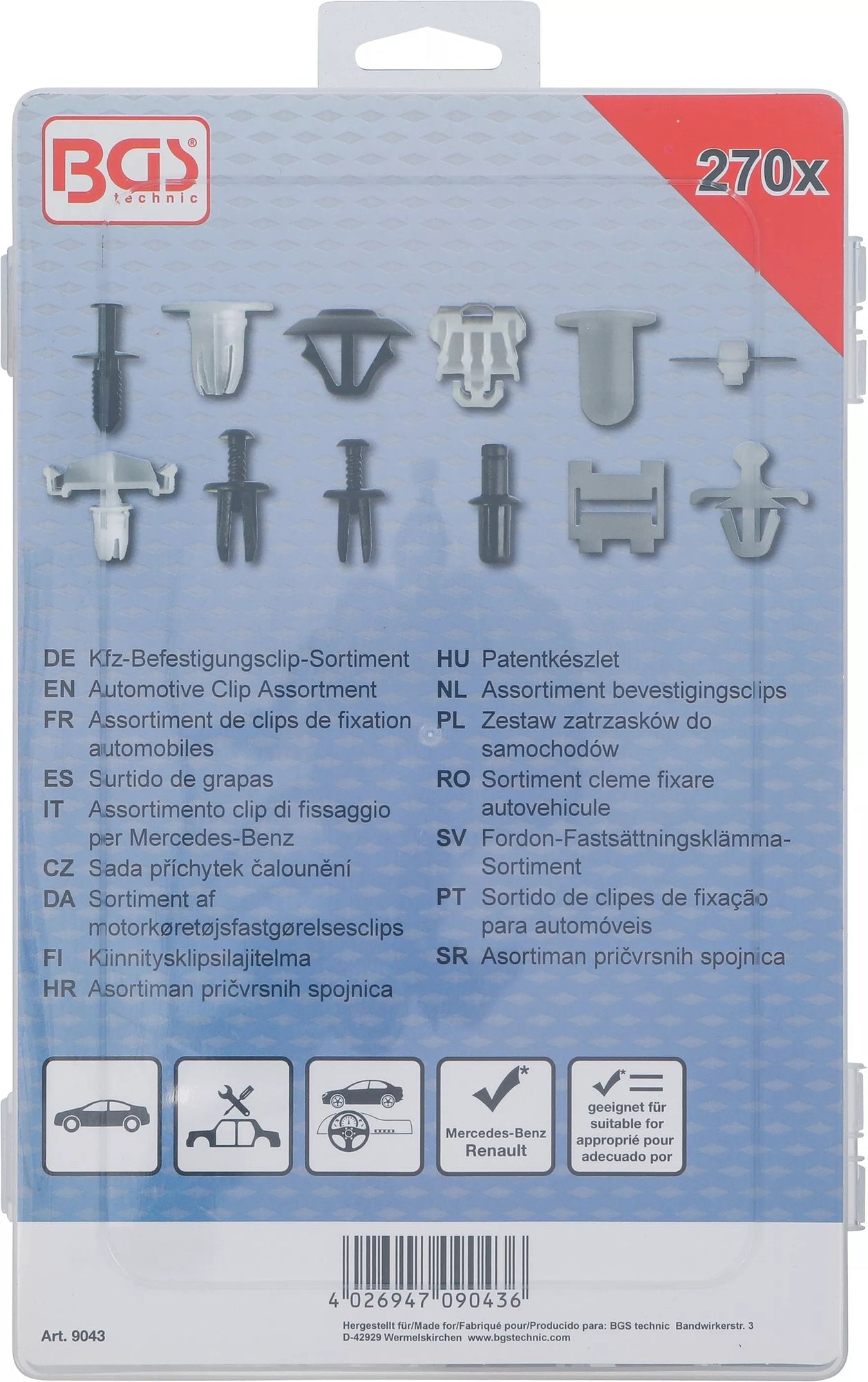BGS 9043 Sortiment KFZ Befestigungsclips Mercedes 270 teilig