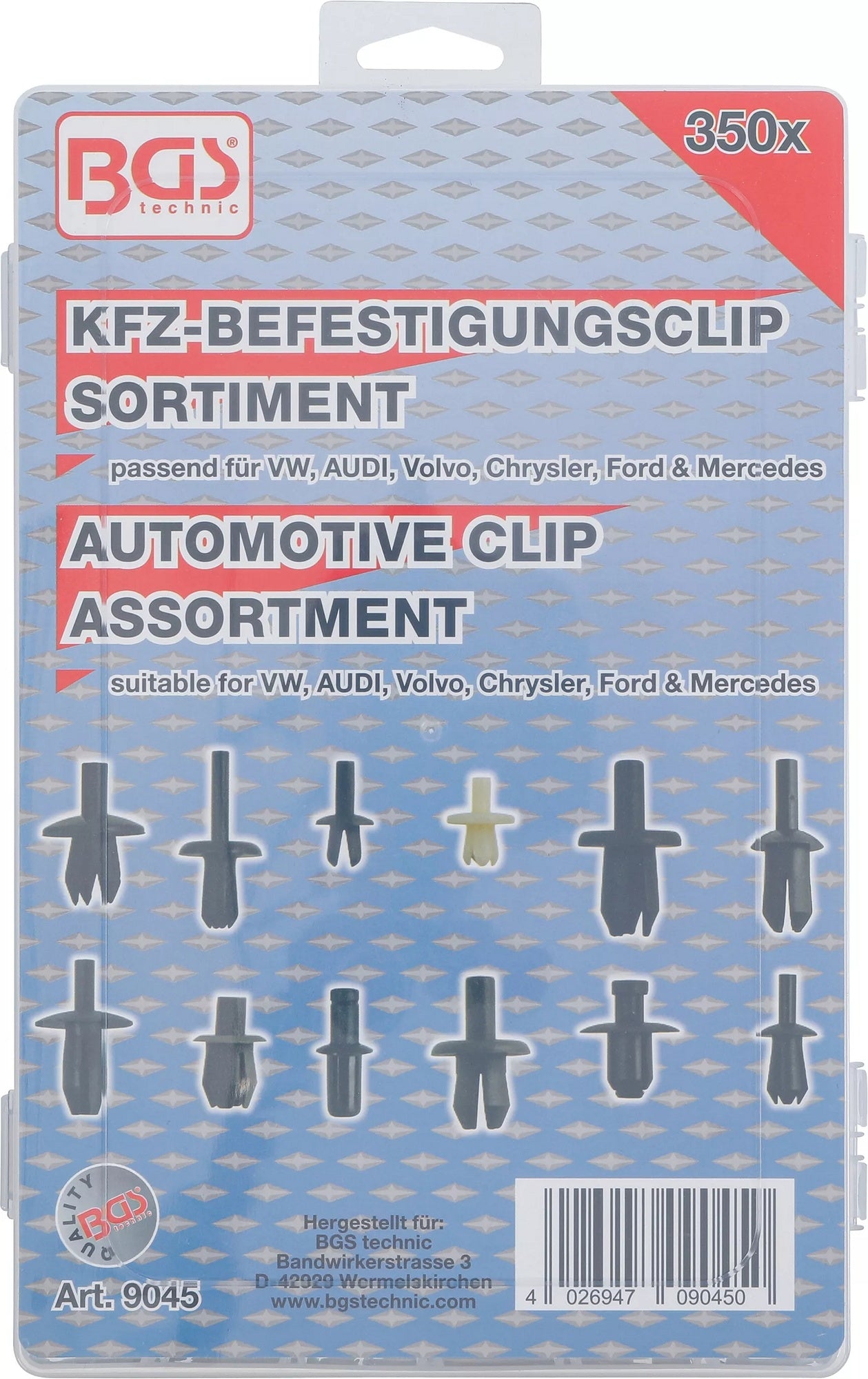 BGS 9045 Sortiment KFZ Befestigungsclips für VW, Audi, Volvo, Chrysler, Ford & Mercedes 350 teilig