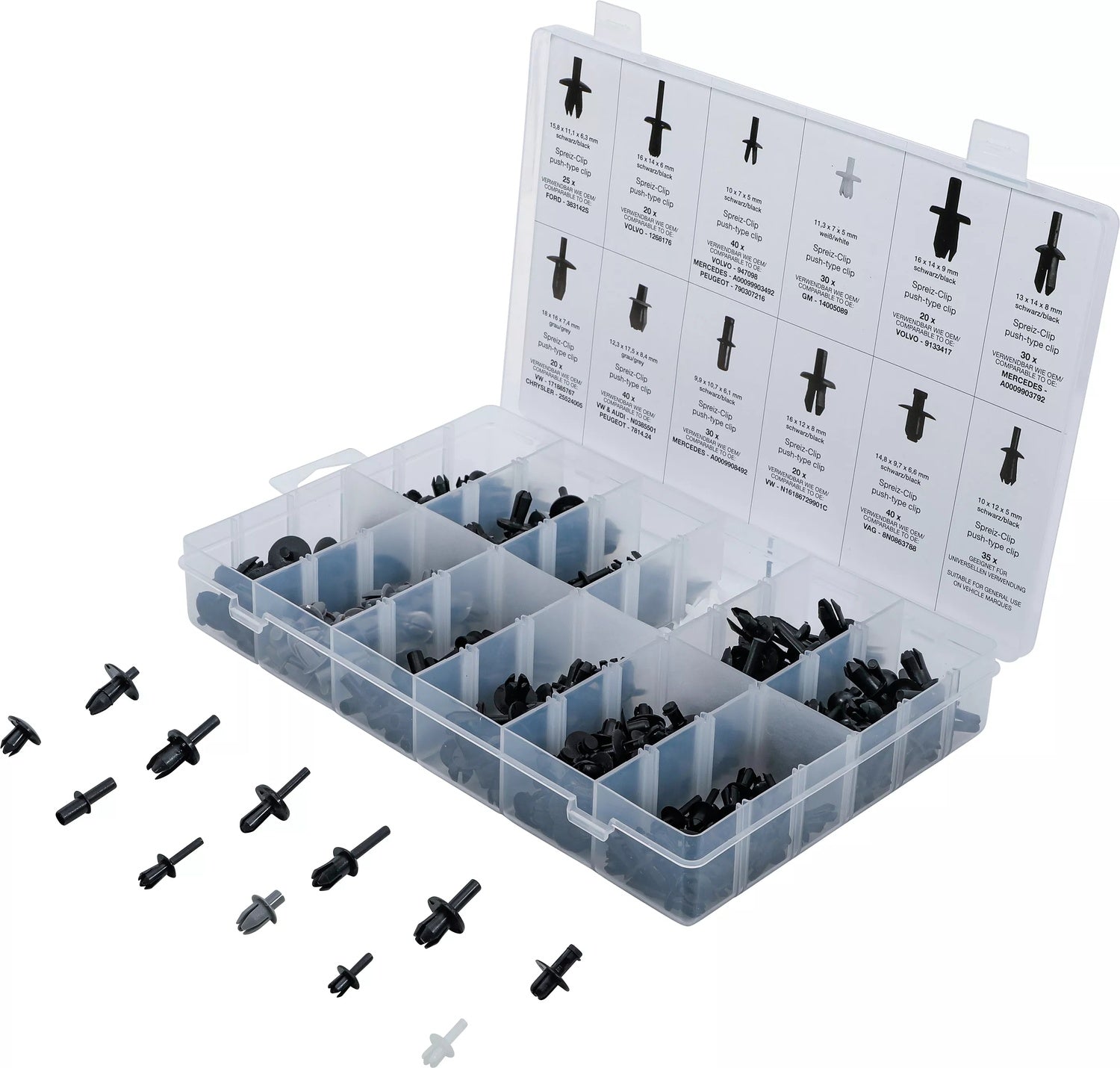 BGS 9045 Sortiment KFZ Befestigungsclips für VW, Audi, Volvo, Chrysler, Ford & Mercedes 350 teilig