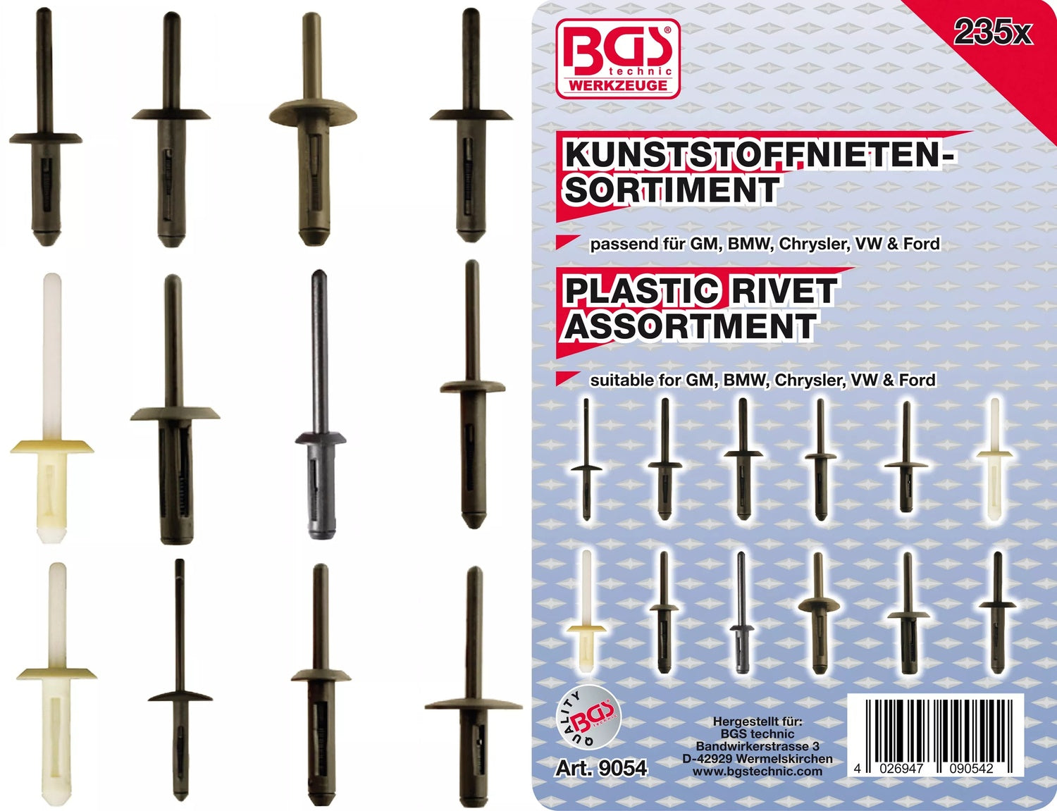 BGS 9054 Sortiment KFZ Befestigungsclips für GM, BMW, Chrysler, VW, Ford 235 teilig