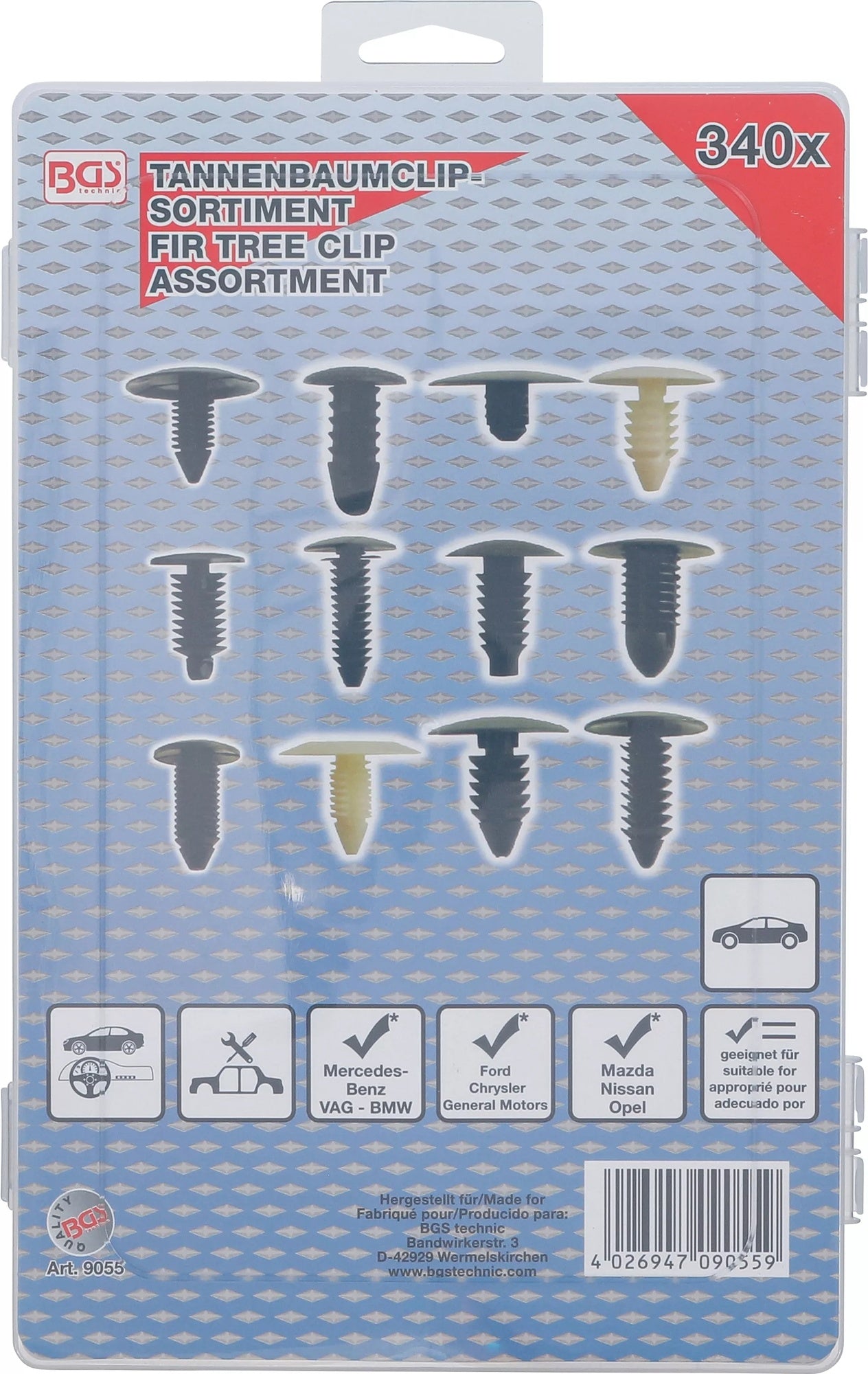 BGS 9055 Sortiment Tannenbaumclips für GM, VW, Chrysler, BMW, Nissan Ford 340 teilig