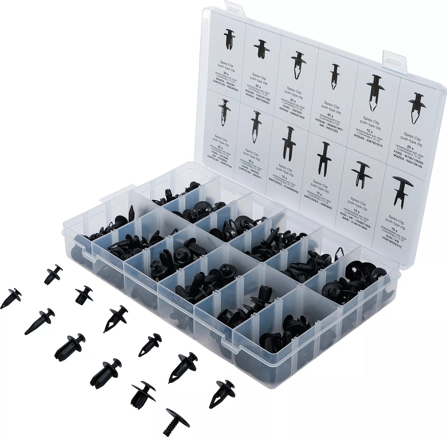 BGS 9057 Sortiment Kunststoff Spreizclips für Mazda, Honda, Ford, Nissan, VW 240 teilig