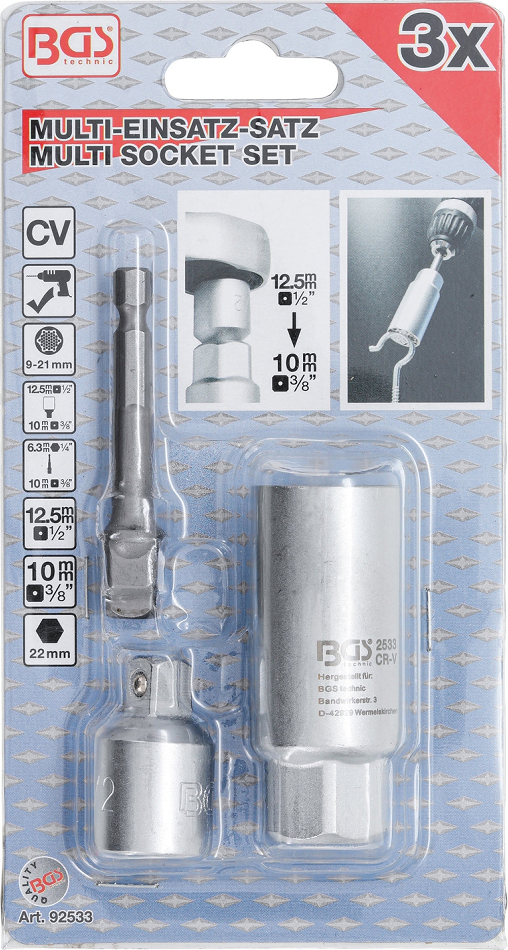 BGS 92533 Multieinsatz mit Adapter-Satz 10mm (3/8") SW 9 - 21mm