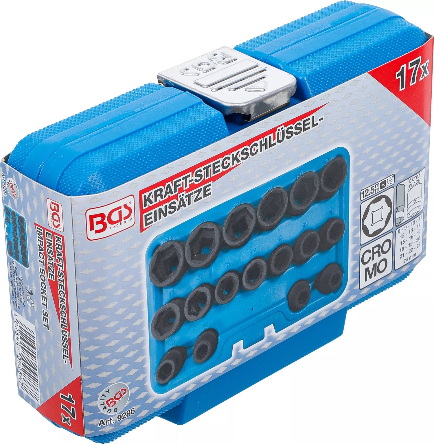 BGS 9286 Satz Kraft Steckschlüsseleinsätze Sechskant extra flach Antrieb Innenvierkant 12,5mm (1/2") SW 8 - 24mm