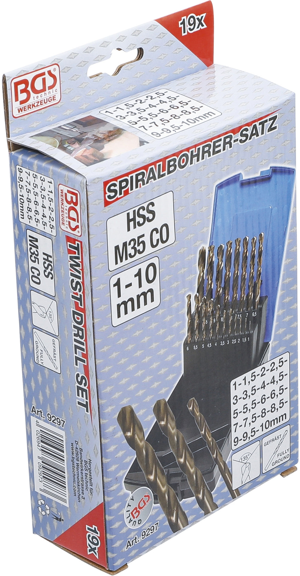 BGS 9297 Satz Spiralbohrer HSS-G M35 Cobaltstahl 1 - 10mm 19 teilig