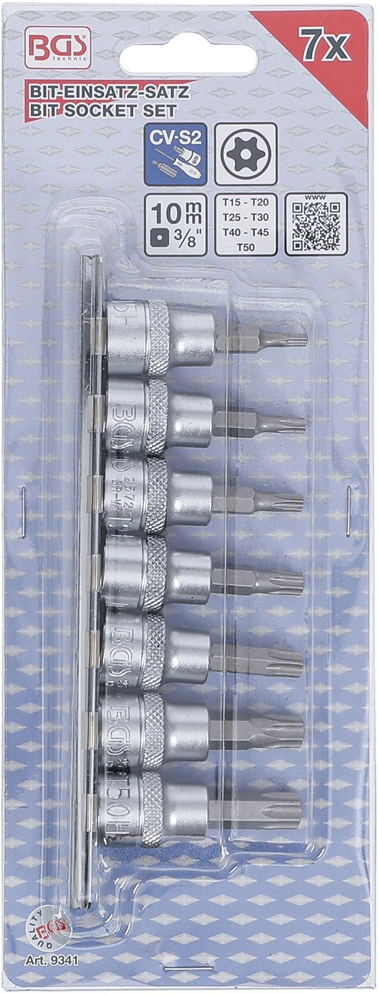BGS 9341 Satz Biteinsätze T-Profil (für Torx) mit Bohrung T15 - T50 Antrieb 10mm (3/8")