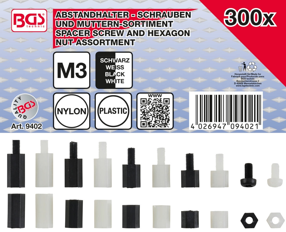 BGS 9402 Sortiment Abstandhalter Abstandhalterschrauben Schrauben Muttern aus Nylon 300 teilig