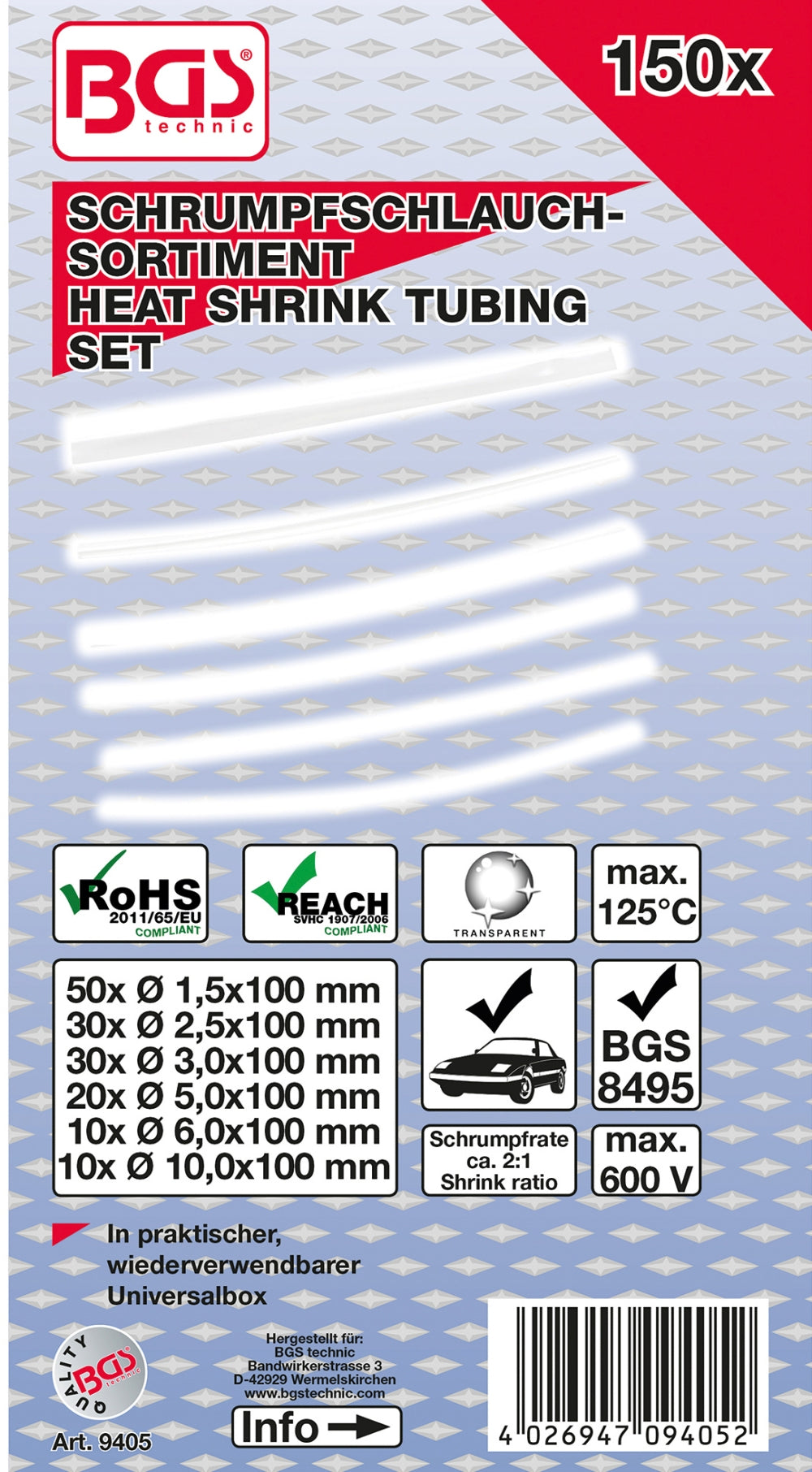 BGS 9405 Sortiment Schrumpfschlauch transparent 150 teilig