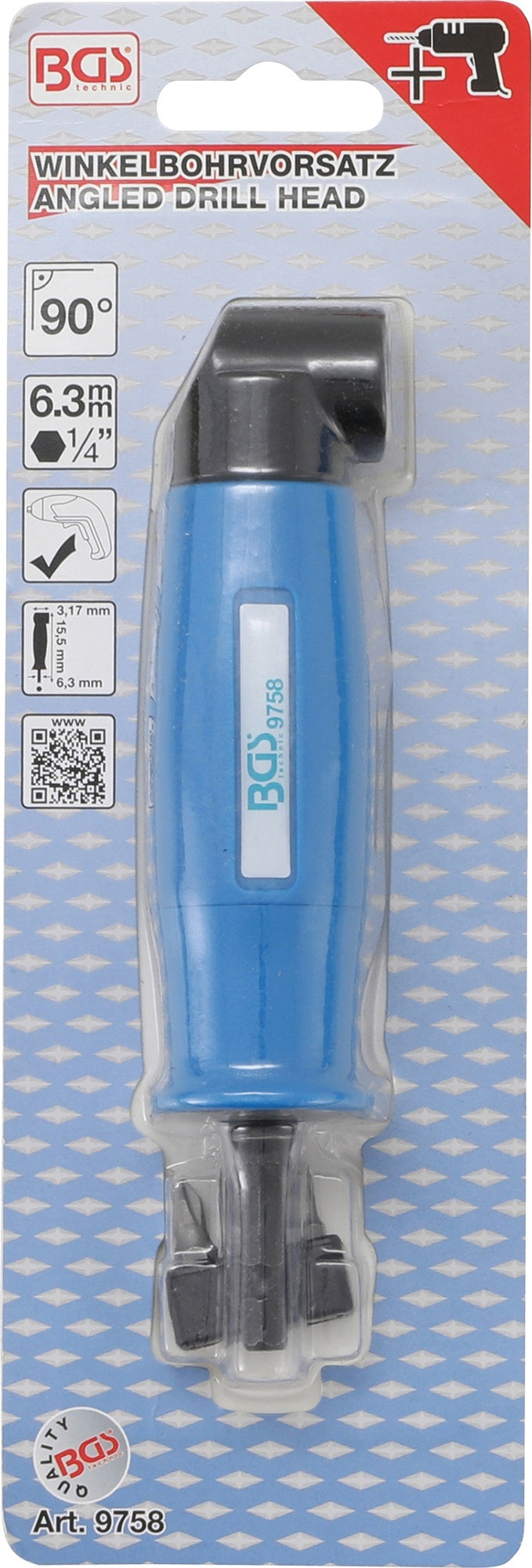 BGS 9758 Winkelbohrvorsatz für Bohrer mit 6,3mm (1/4") Schaft inklusive Bits