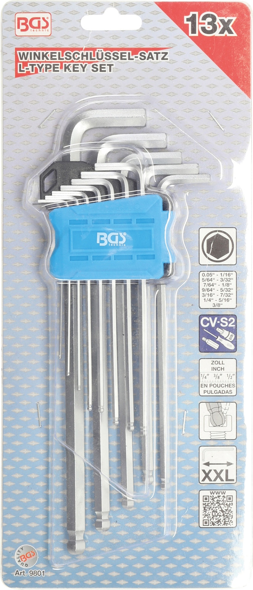 BGS 9801 Satz Winkelschlüssel extra lang Innensechskant / Innensechskant mit Kugelkopf Zollgrößen 13 teilig