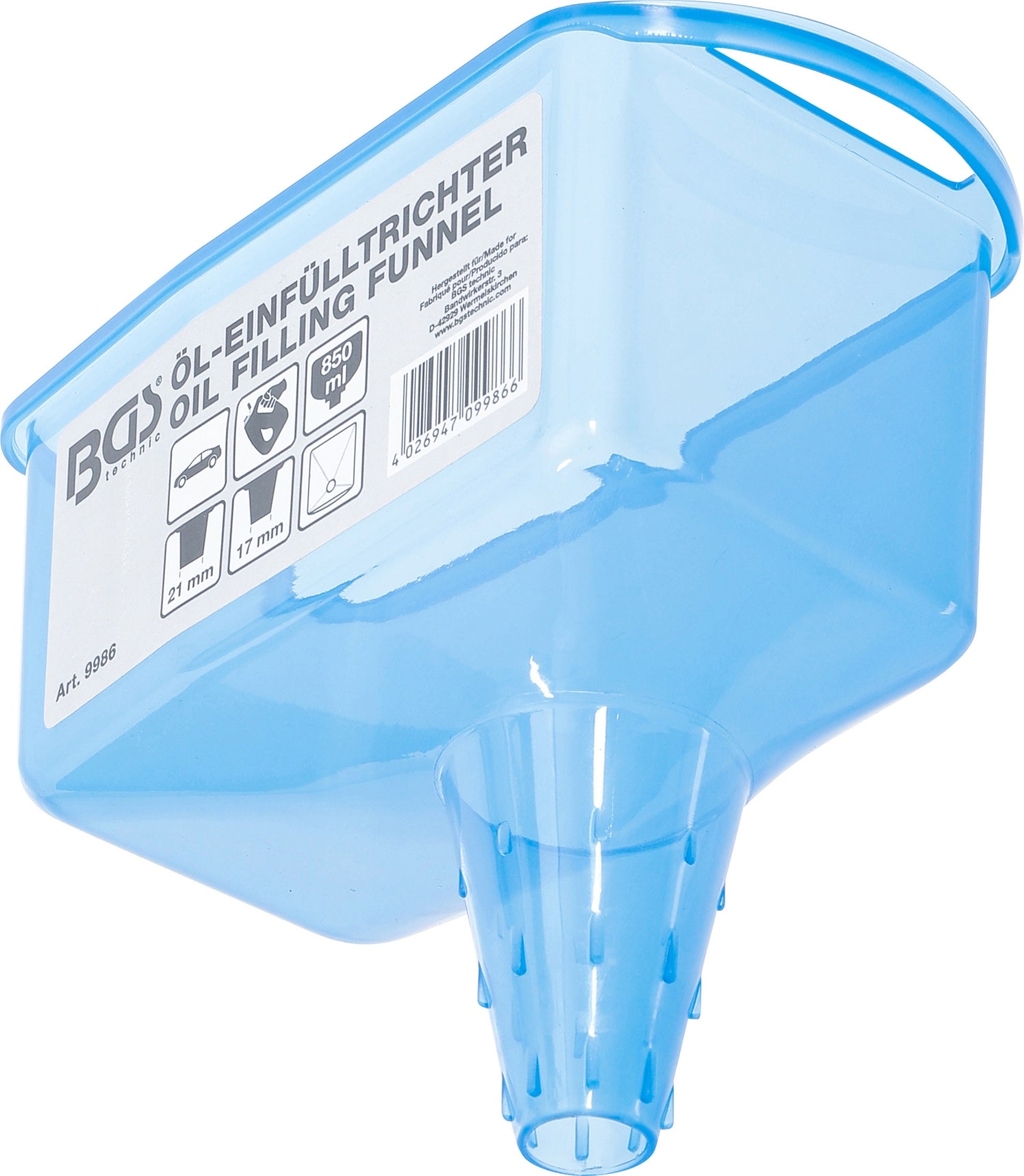 BGS 9986 Trichter zum Öleinfüllen, Öleinfülltrichter, blau, 850ml Resevoir