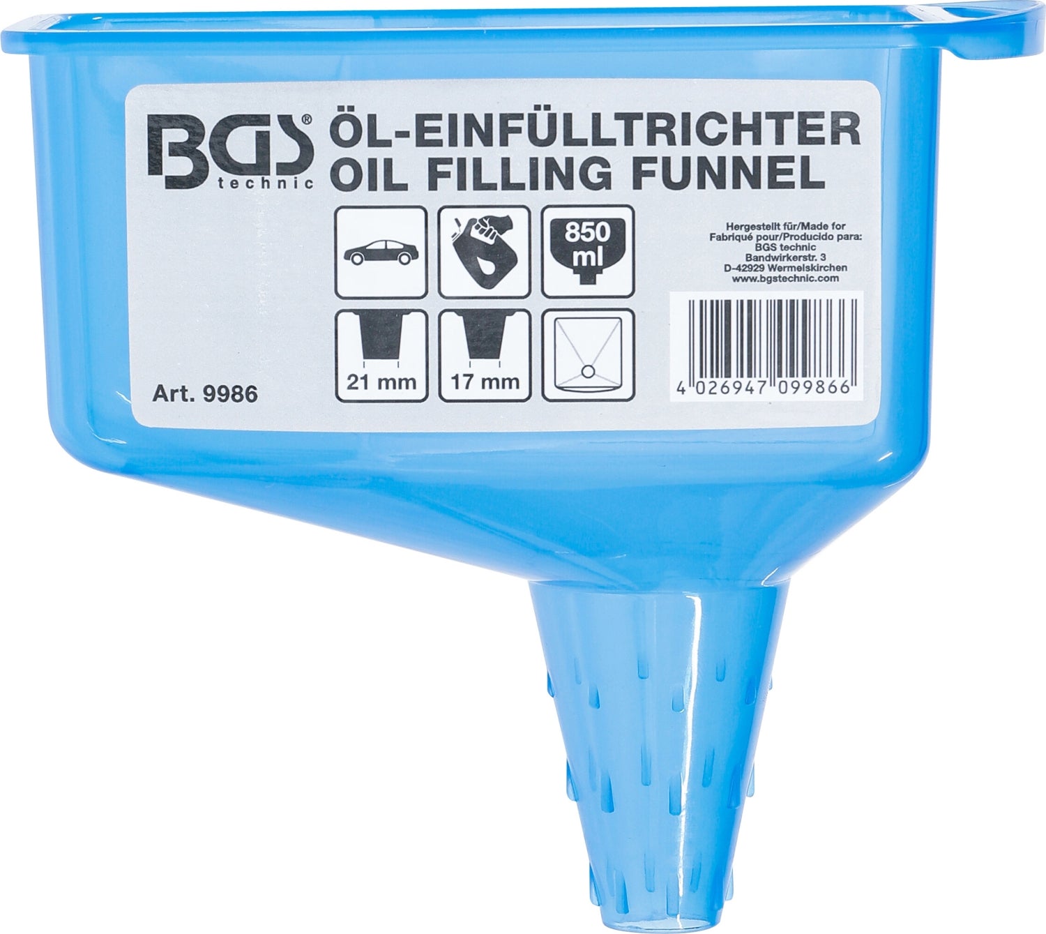 BGS 9986 Trichter zum Öleinfüllen, Öleinfülltrichter, blau, 850ml Resevoir