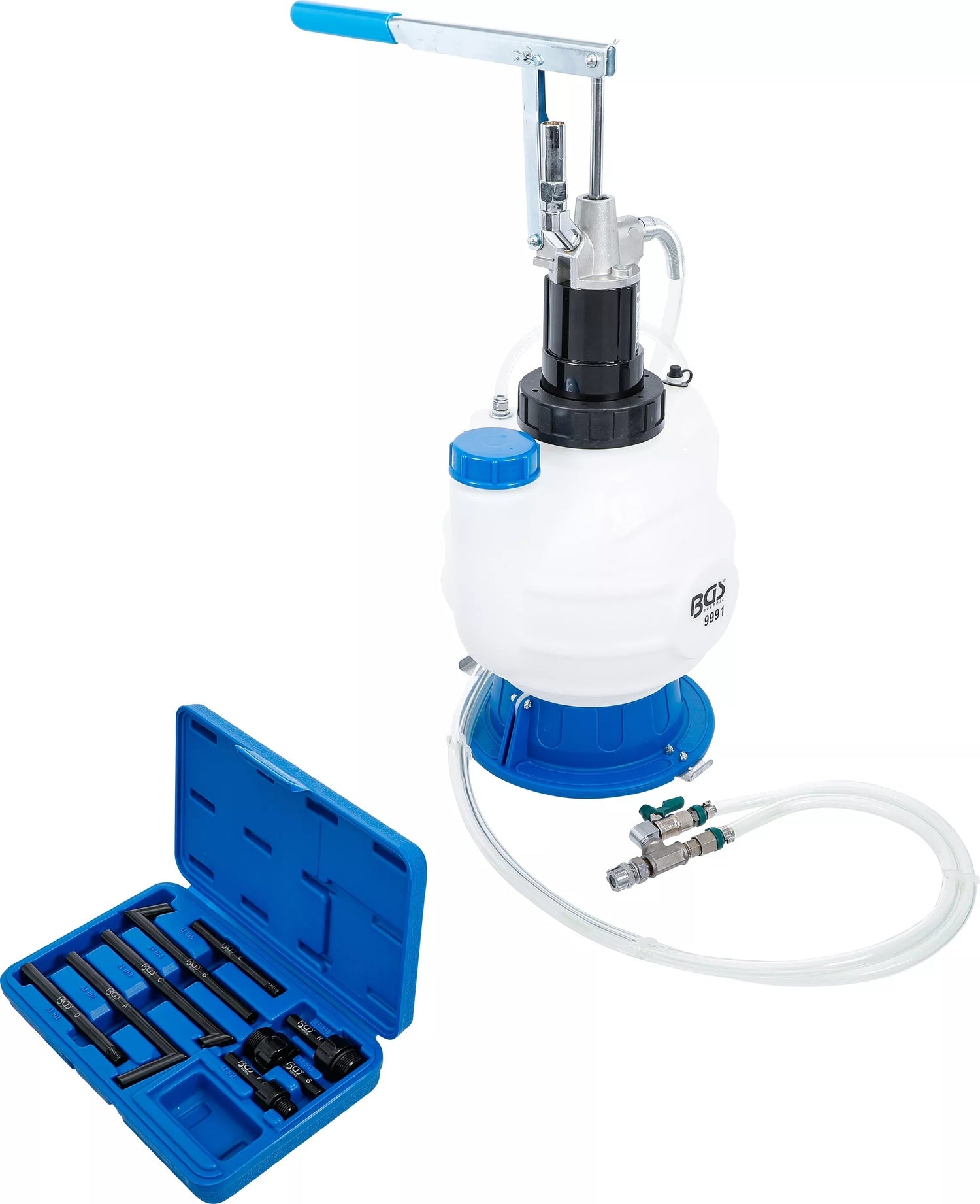 BGS 9991 Befüllgerät für Getriebeöl mit Handpumpe Rücklaufsystem mit 8 Adaptern 7 Liter