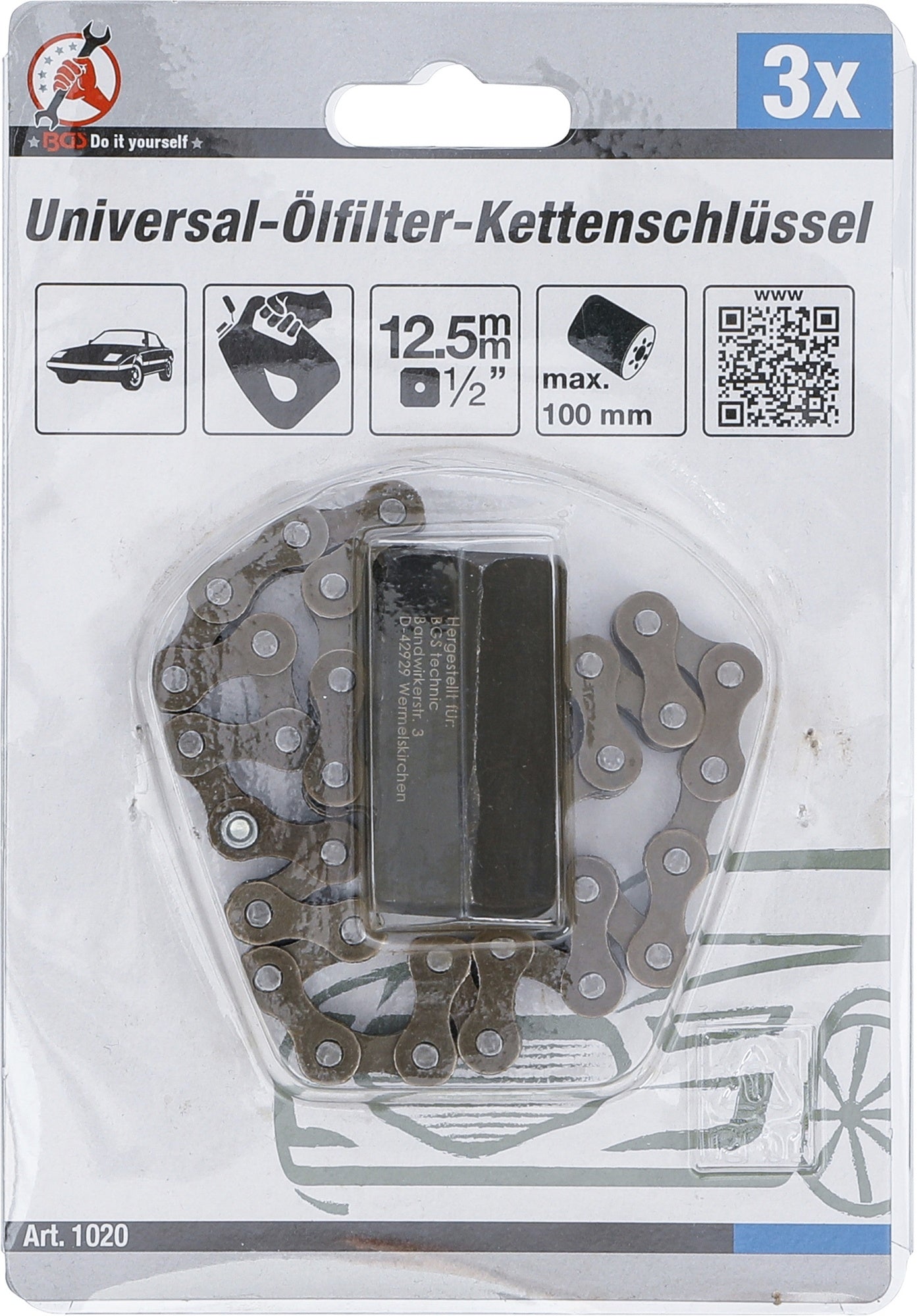 BGS DIY 1020 Universal Ölfilter Kettenschlüssel Innenvierkant 12,5mm (1/2") bis Ø 100mm