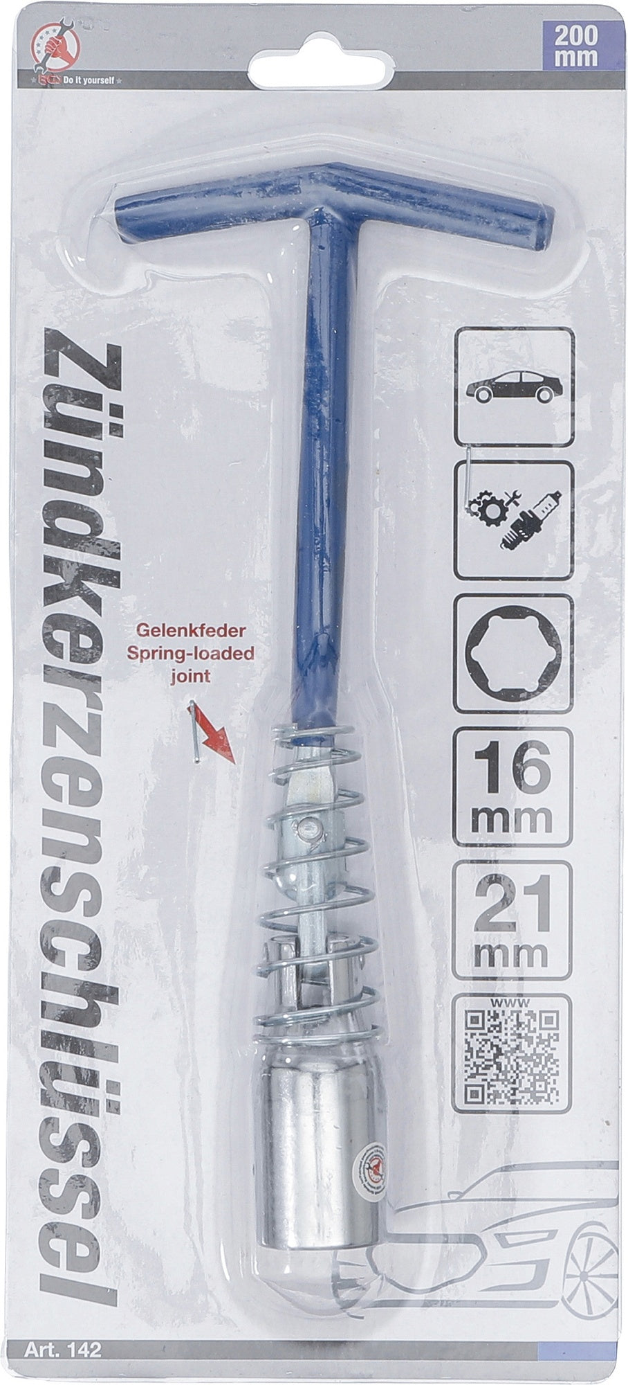 BGS DIY 142 T-Griff Zündkerzenschlüssel Sechskant SW 16mm & 21mm mit Gelenkfeder Länge 220mm