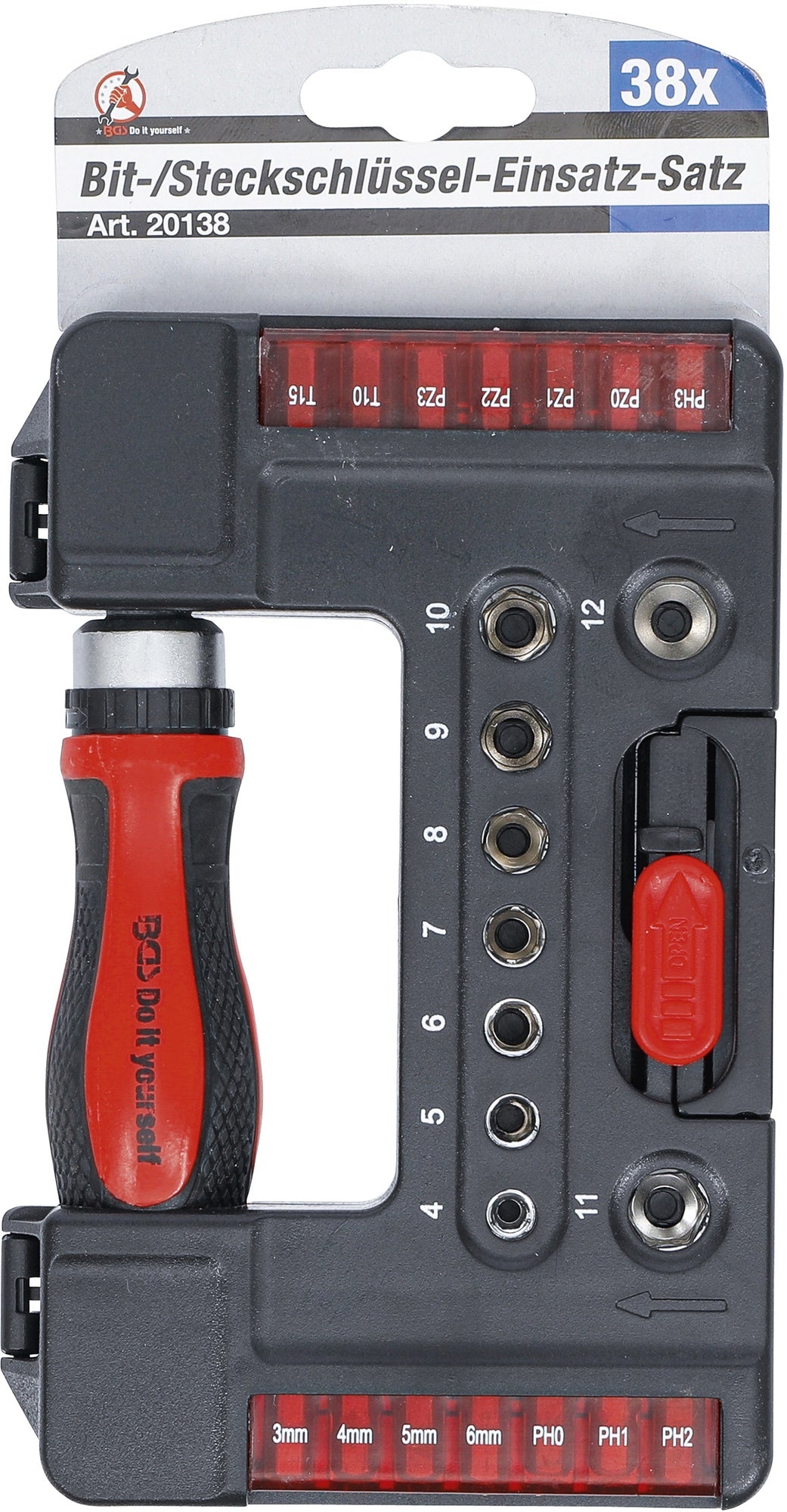 BGS DIY 20138 Satz Bits & Steckschlüsseleinsätze mit Ratschendrehgriff für Bits umschaltbar 38 teilig