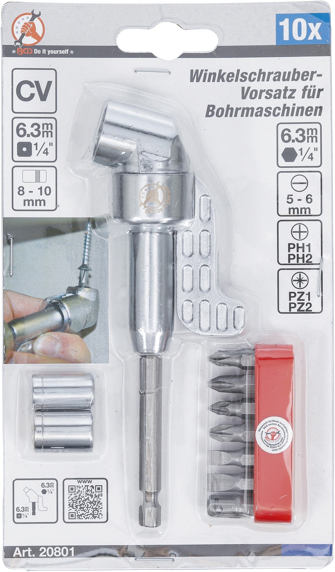 BGS DIY 20801 Winkelschrauber Vorsatz für Bohrmaschinen 10 teilig
