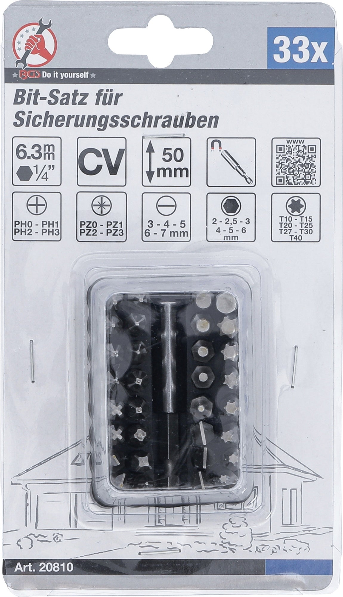 BGS DIY 20810 Satz Bits für Sicherungsschrauben Antrieb 6,3mm (1/4") 33 teilig