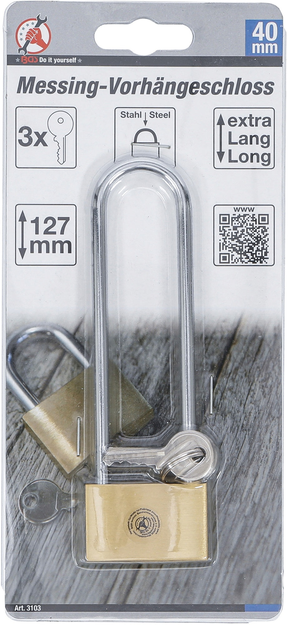 BGS DIY 3103 Messing Vorhängeschloss extra hoher Bügel 40mm