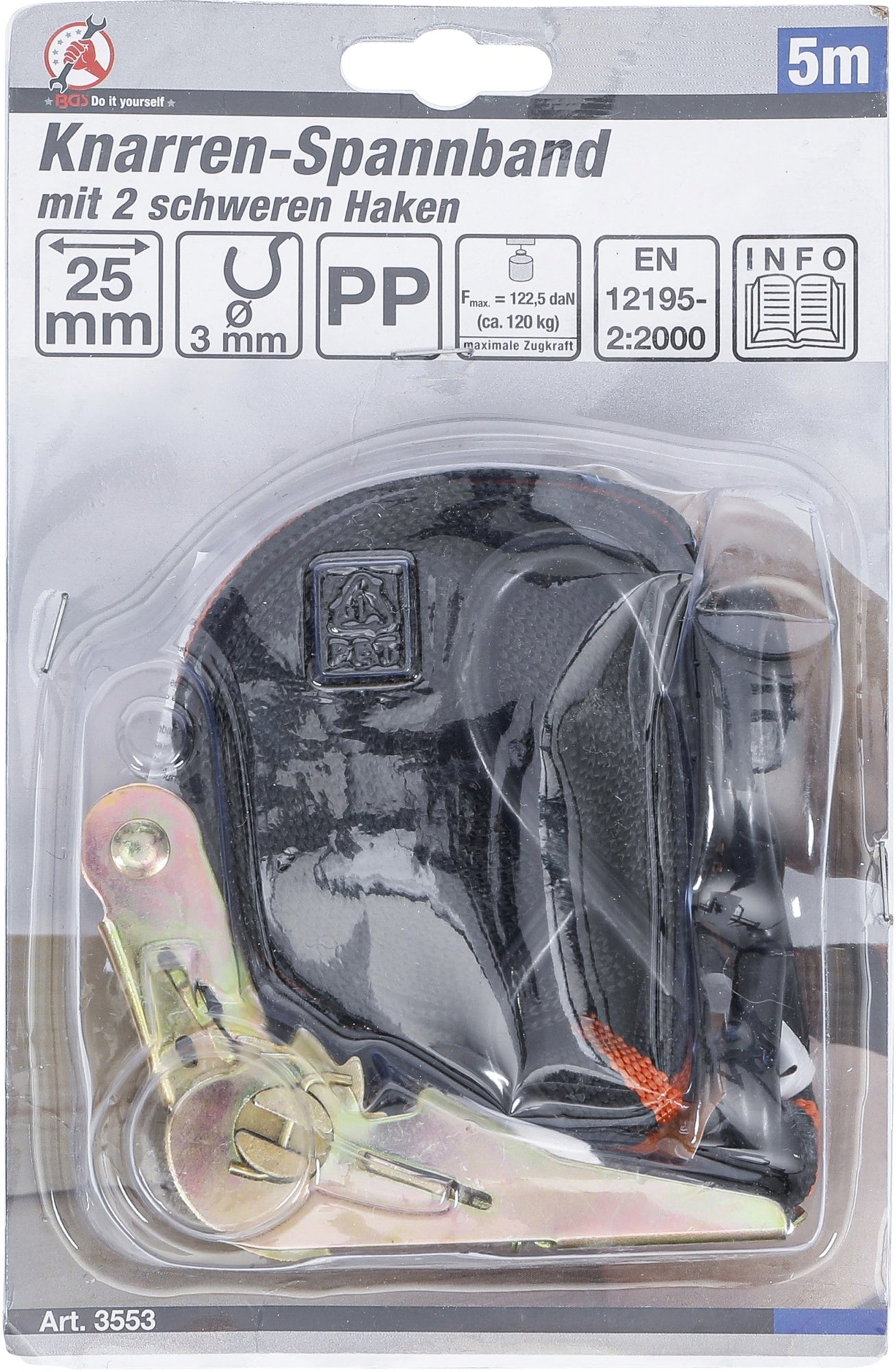 BGS DIY 3553 Knarren Spannband mit 2 schweren Haken 5m x 24mm