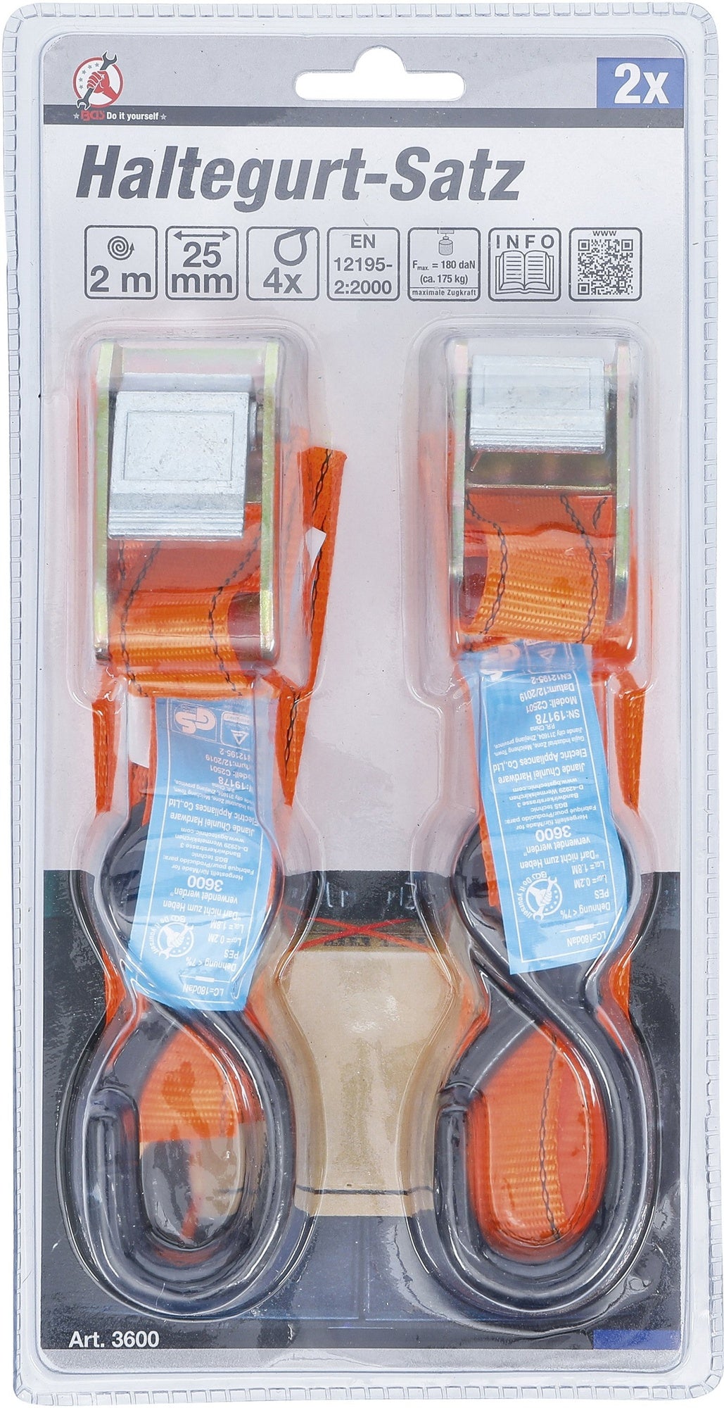 BGS DIY 3600 Satz Haltegurte 2m x 25mm 2 teilig