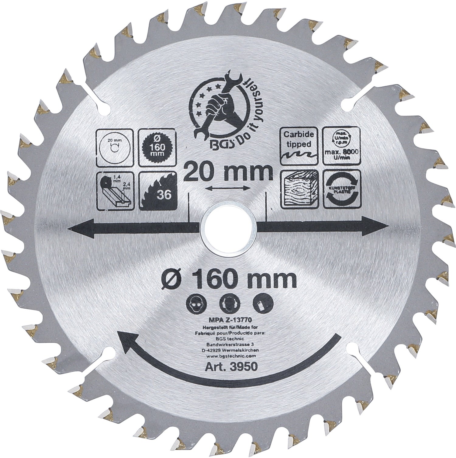 BGS DIY 3950 Hartmetall Kreissägeblatt Ø160 x 20 x 2,4mm 36 Zähne